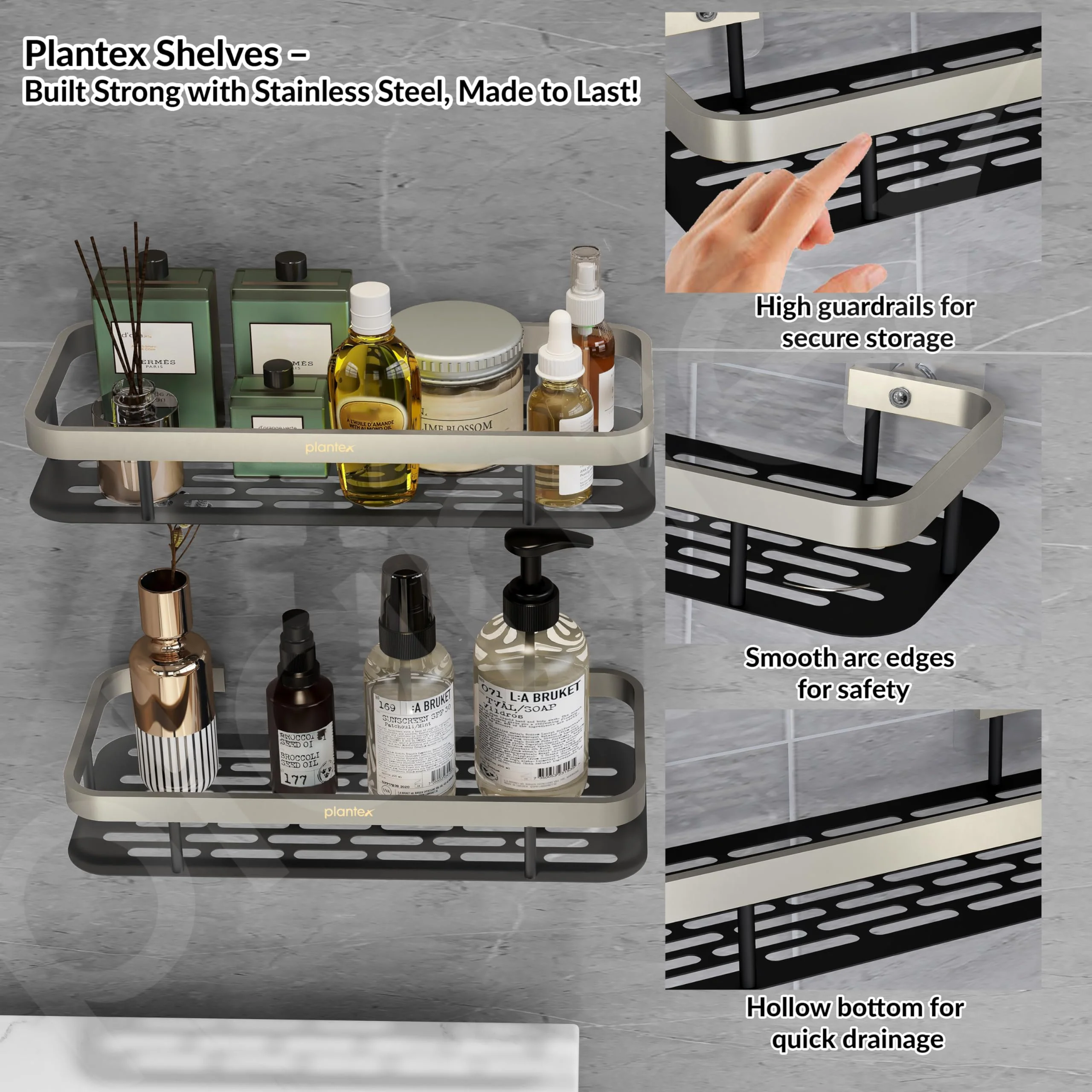 Plantex Bathroom Rack Without Drilling/Stainless Steel Bathroom Shelf for Wall with Aluminium Railing & Magic Stickers/Bathroom Accessories (12x5 inches, Satin & Black) - Image 7
