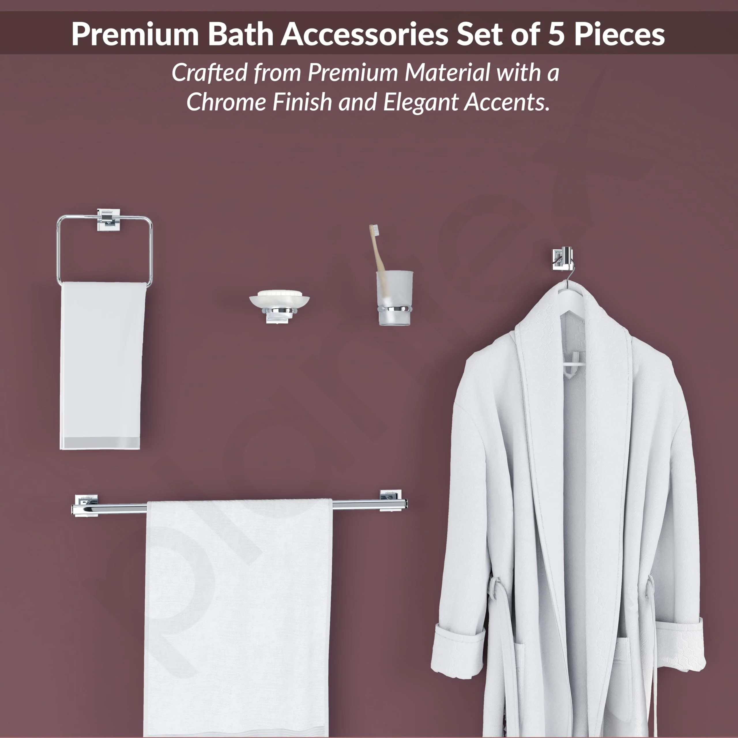 Plantex Bathroom Set/Soap Holder/Tumbler Holder/Towel Rod/Napkin Holder/Robe Hook/Bathroom Accessories - Set of 5 (Chrome) - Image 2