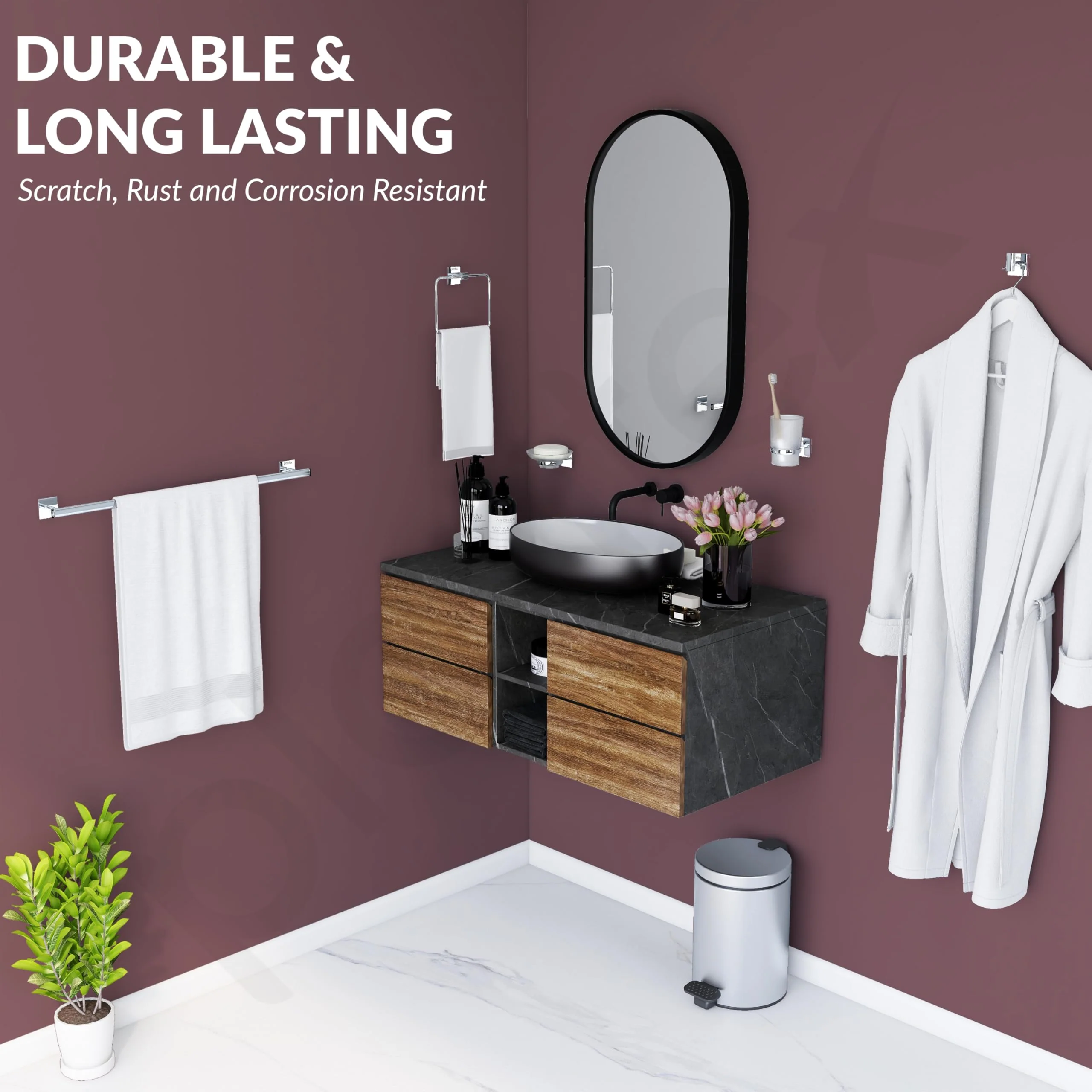 Plantex Bathroom Set/Soap Holder/Tumbler Holder/Towel Rod/Napkin Holder/Robe Hook/Bathroom Accessories - Set of 5 (Chrome) - Image 4