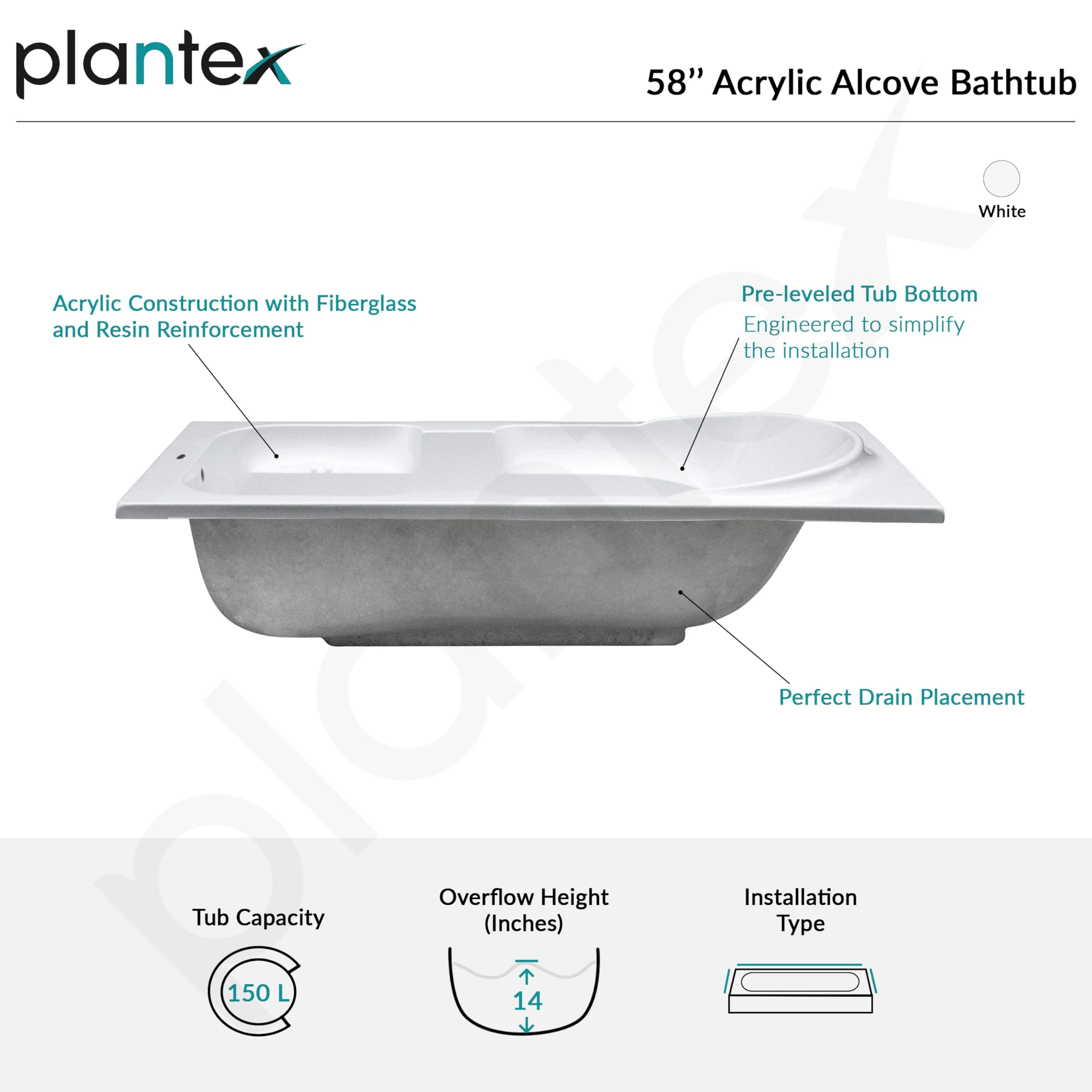 Plantex Bathtub For Bathroom/Bath tub for Adults/Deep Soaker Bathtub with Overflow and Waste Coupling Accessories (White - 1670 mm) - Image 7