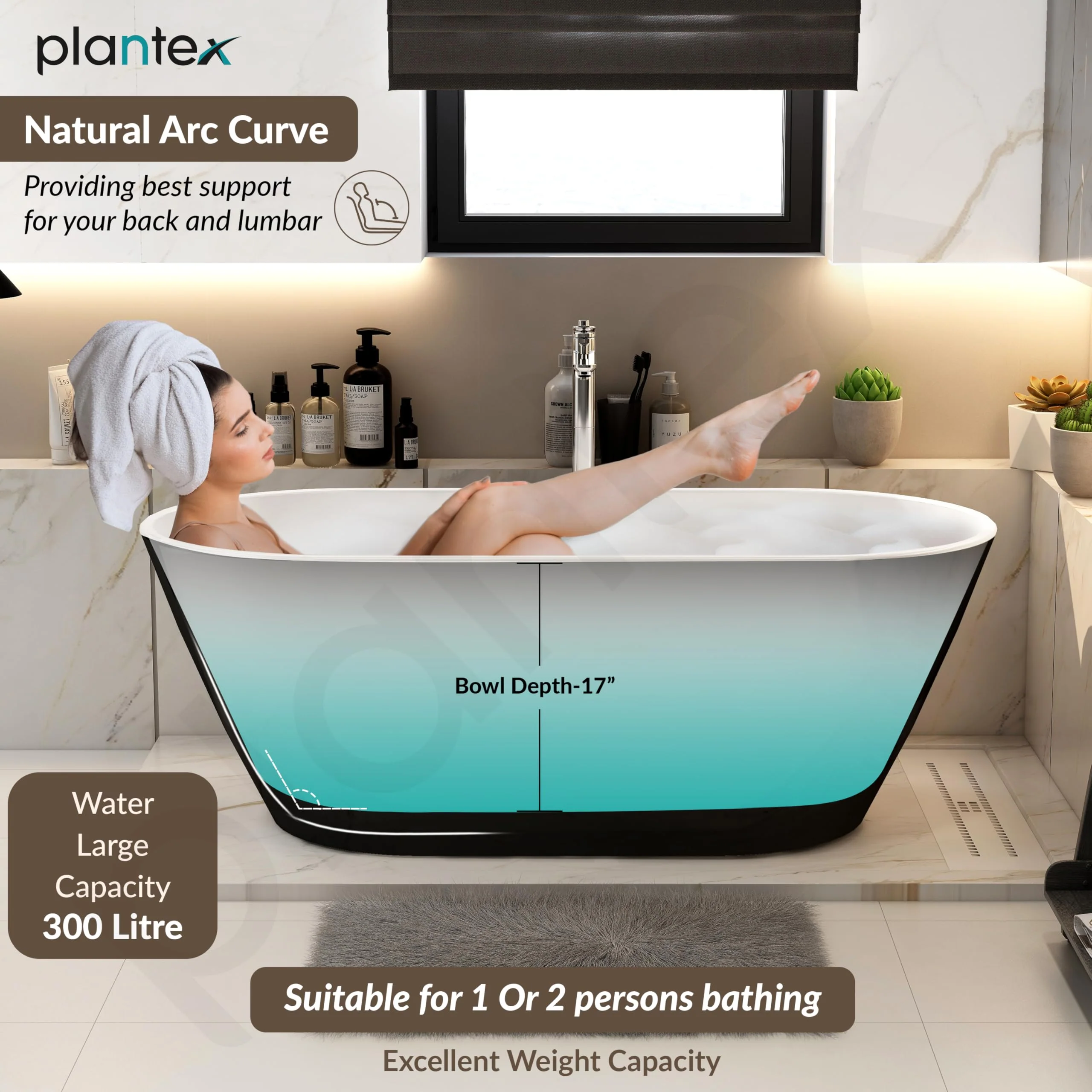 Plantex Bathtub For Bathroom/Freestanding Bath tub for Adults/Deep Soaker Bathtub with Overflow, Popup and Drain Pipe (BSM-203-Black & White-1700mm) - Image 5