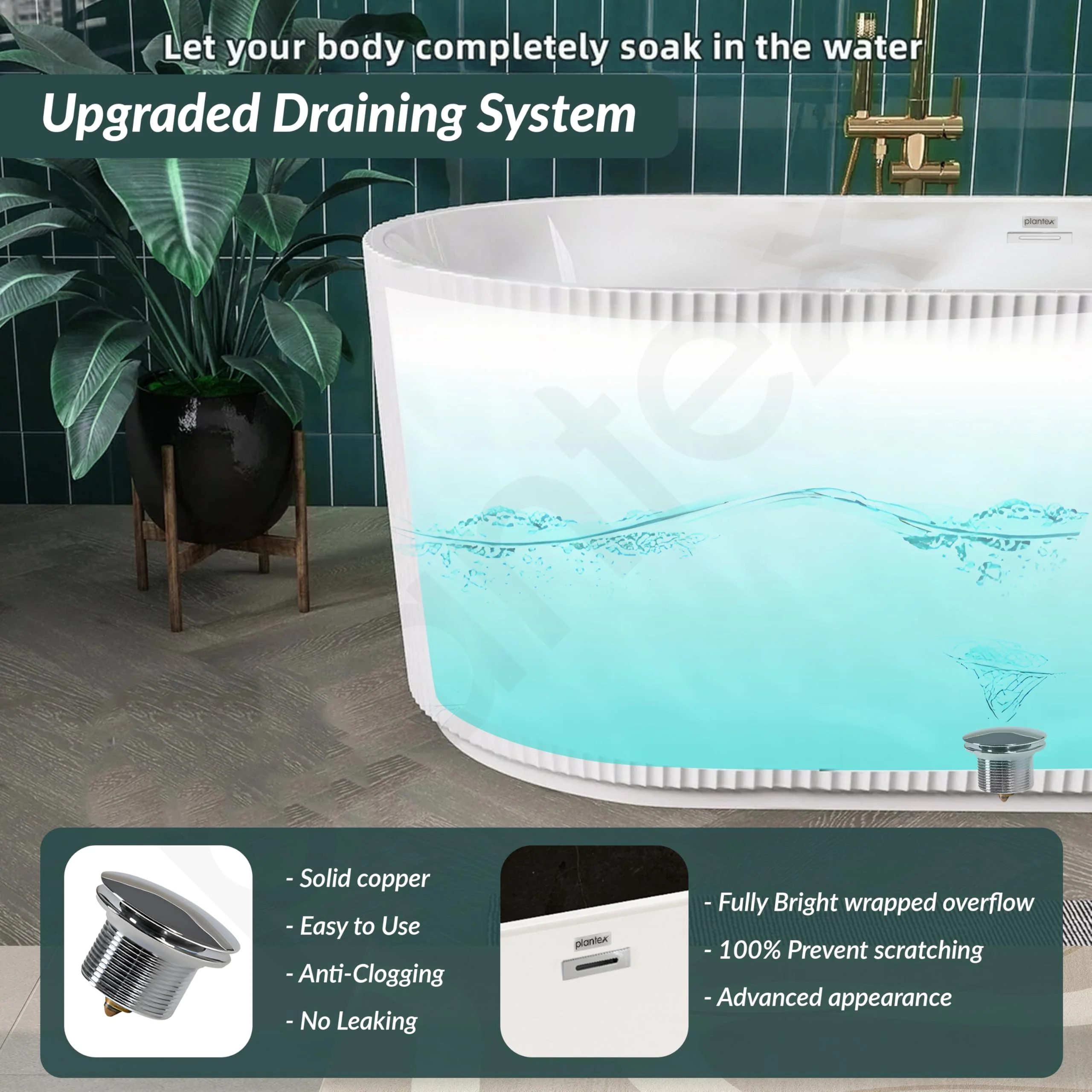 Plantex Bathtub For Bathroom/Freestanding Bath tub for Adults/Deep Soaker Bathtub with Overflow, Popup and Drain Pipe (BSM-203S-White-1700mm) - Image 2
