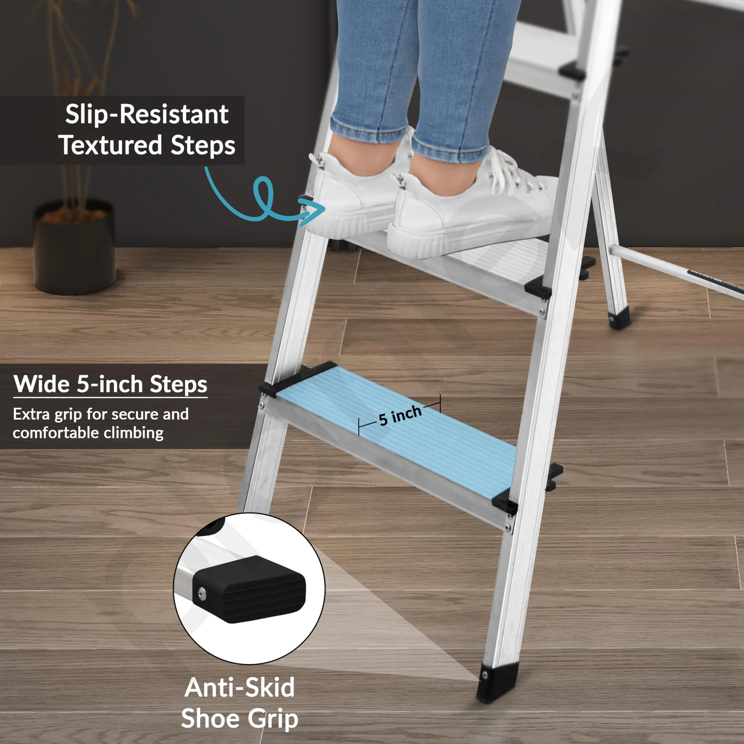 Plantex Big Foot 5 Step Foldable Aluminium Ladder/Step Ladder for Home Use with Wide Anti-Slip Steps and Secured Joints/5-Year Manufacturer Warranty(Black & Silver) - Image 2