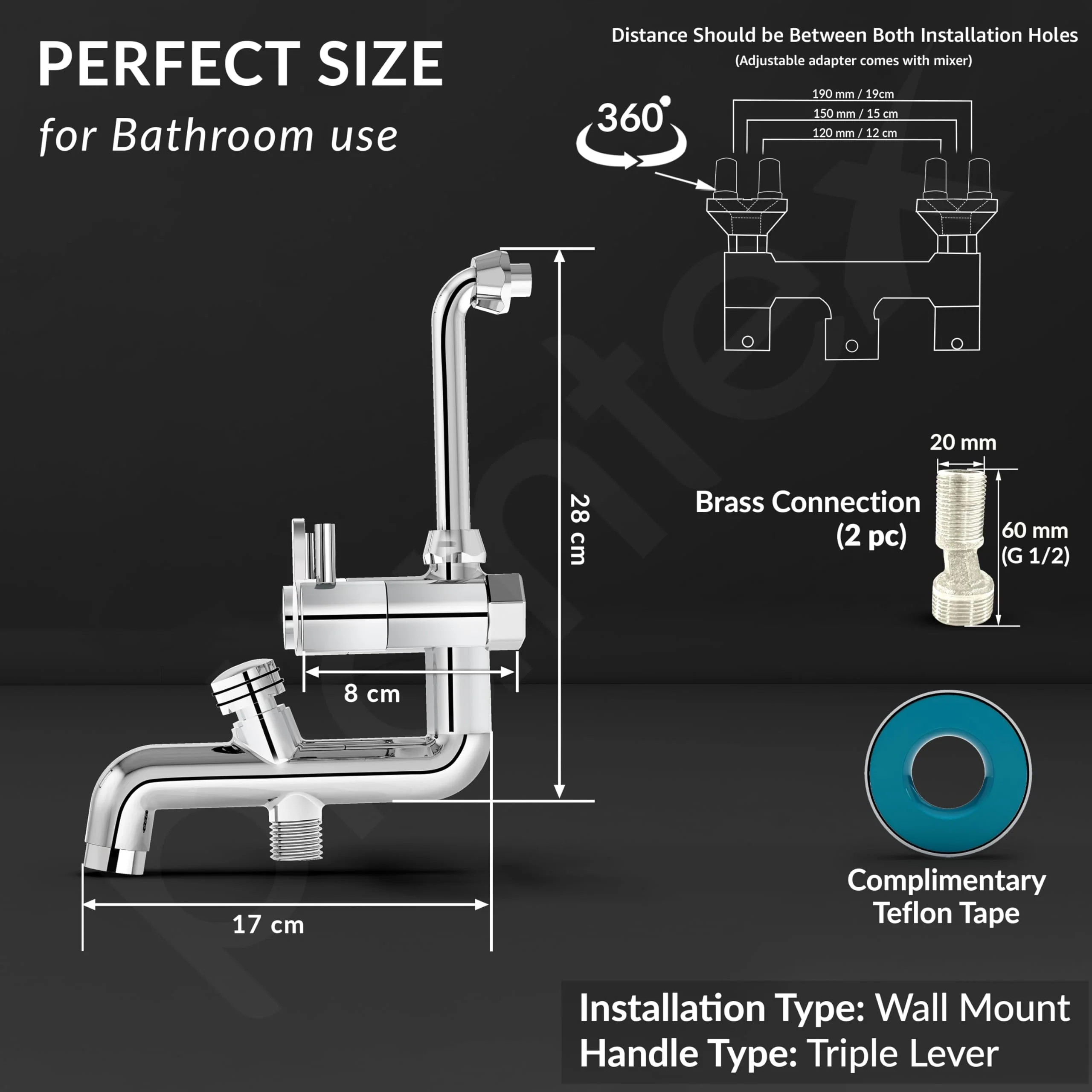 Plantex Brass Wall Mixer for Bathroom 3 in 1/L-Bend Connector for Overhead Shower/Hand Shower/Spout Mixer Tap/Mixture Tap for Bathroom with 7-Year Manufacturer's Warranty-(Ico-919-Chrome) - Image 3