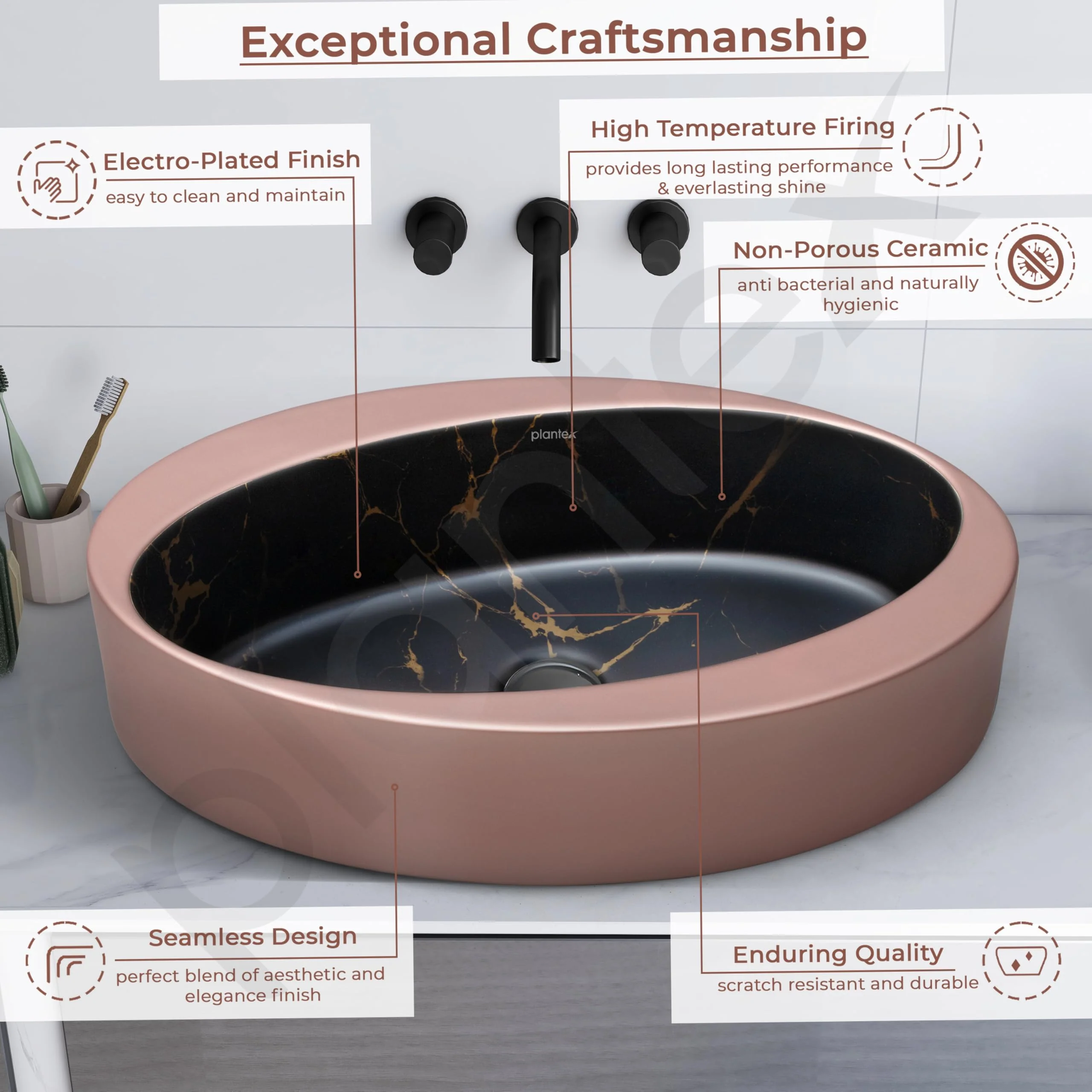 Plantex Ceramic Basin/Designer Washbasin for Bathroom/Oval Tabletop Wash Basin/Countertop Vessel Sink for Home/Office (Matt Brown & Black - 24 x 14 x 10 Inch) - Image 4