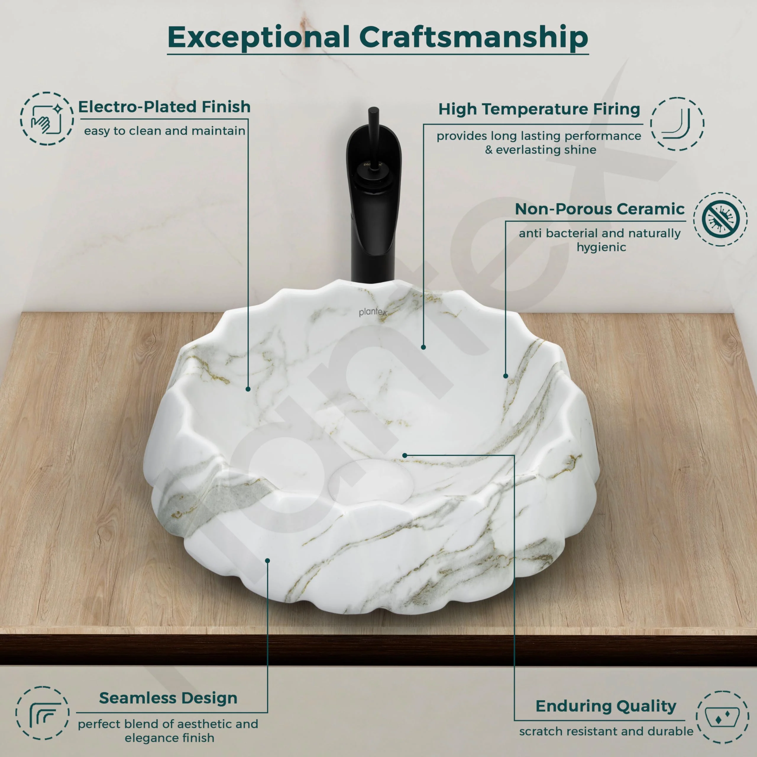 Plantex Ceramic Basin for Bathroom/Table Top Wash Basin/Washbasin for Living Room/Restaurant (Marble Finish, 17 x 15 x 6 Inch) - Image 4