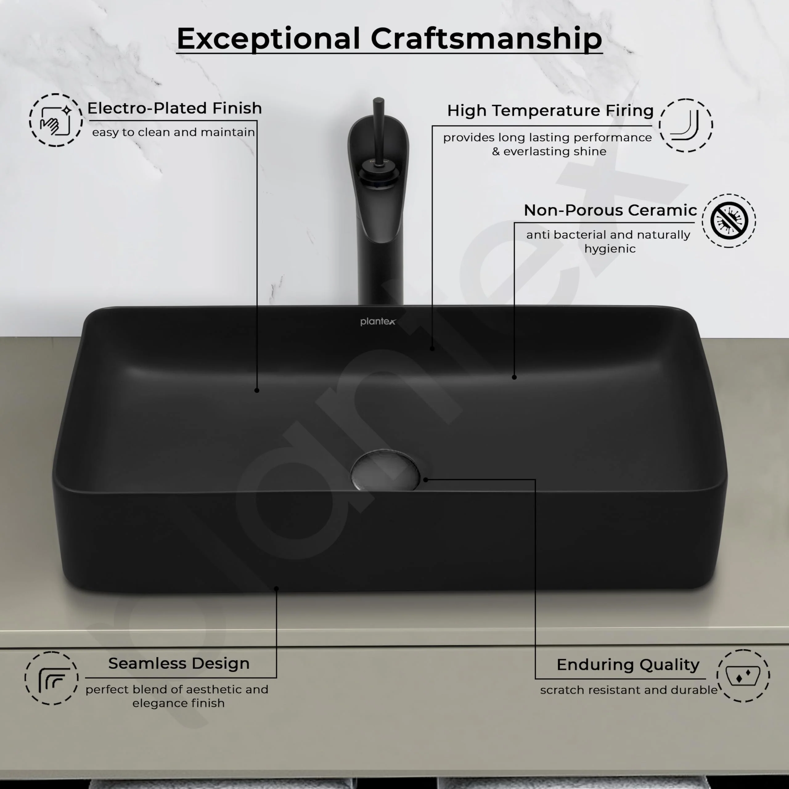 Plantex Ceramic Basin/Tabletop Wash Basin for Bathroom/Rectangle Over Counter Vessel Sink for Restaurant/Hotel (Matt Black, 24 x 14 x 4.5 Inch) - Image 3
