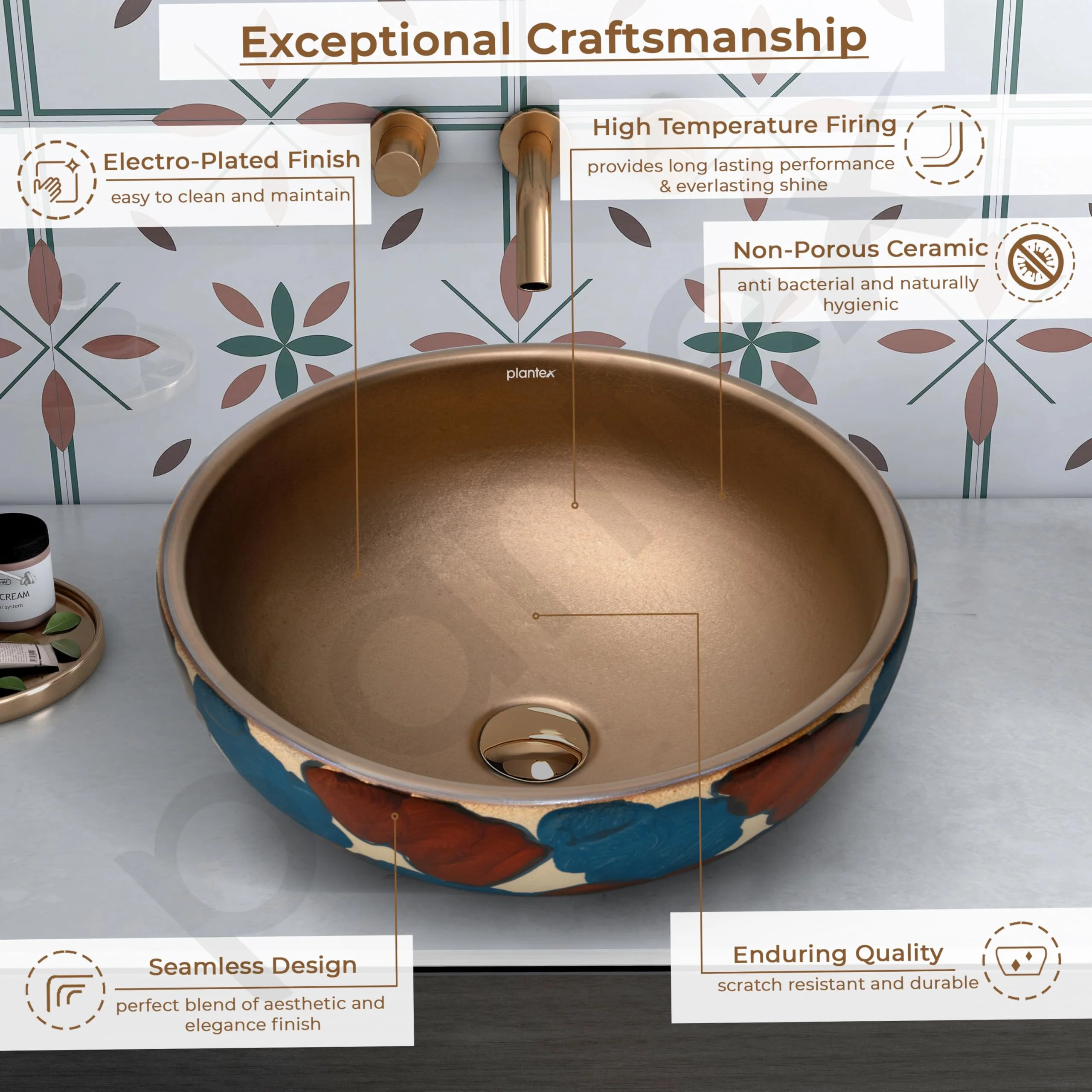 Plantex Ceramic Countertop Wash Basin/Basin for Bathroom/Designer Basin for Home/Office/Restaurant (Bronze - 16.5 x 16.5 x 6 Inch) - Image 4