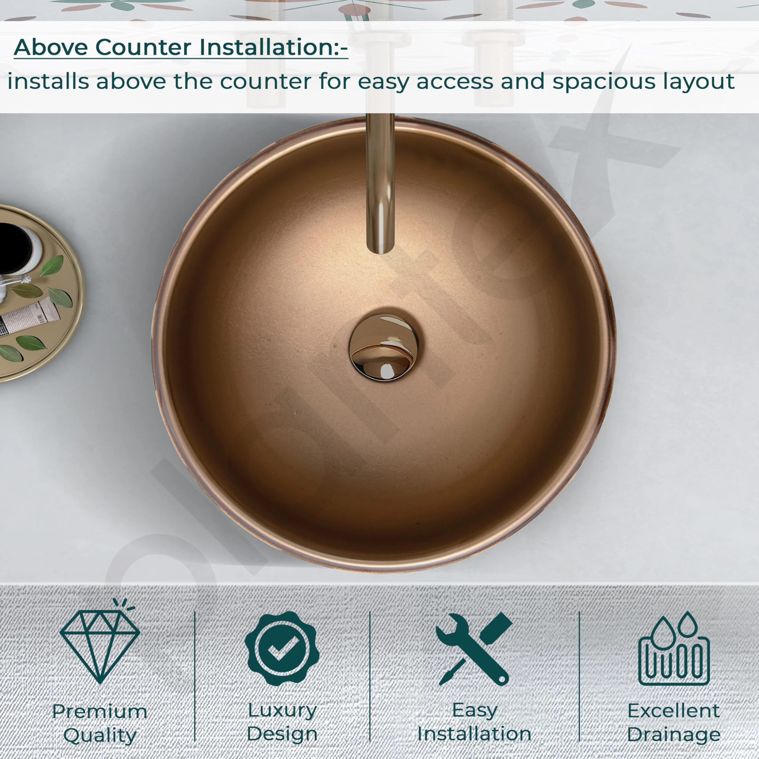 Plantex Ceramic Countertop Wash Basin/Basin for Bathroom/Designer Basin for Home/Office/Restaurant (Bronze - 16.5 x 16.5 x 6 Inch) - Image 5
