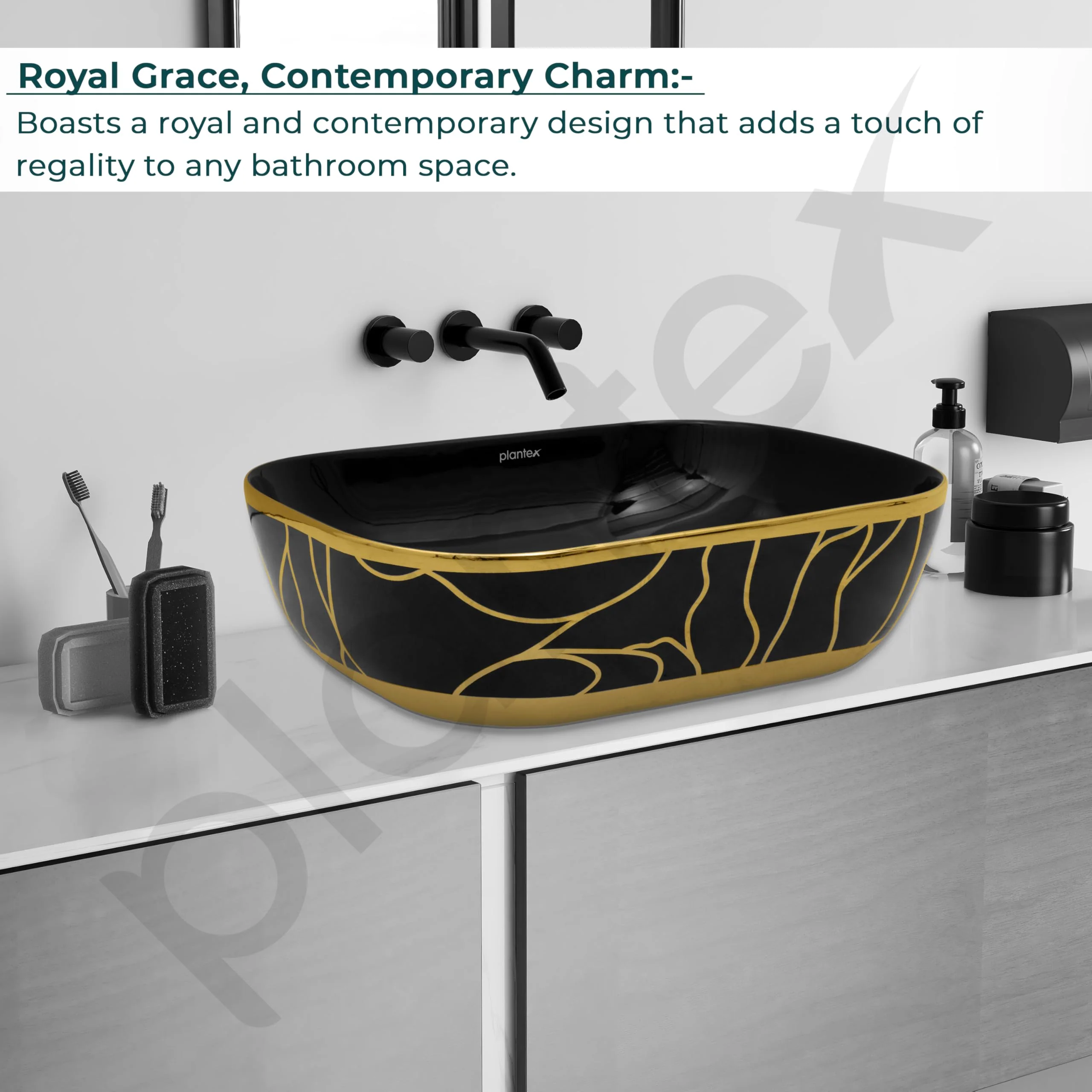 Plantex Ceramic Designer Washbasin for Bathroom/Countertop Basin/Rectangle Tabletop Wash Basin for Home/Office - (16010, Black & Gold) - Image 2