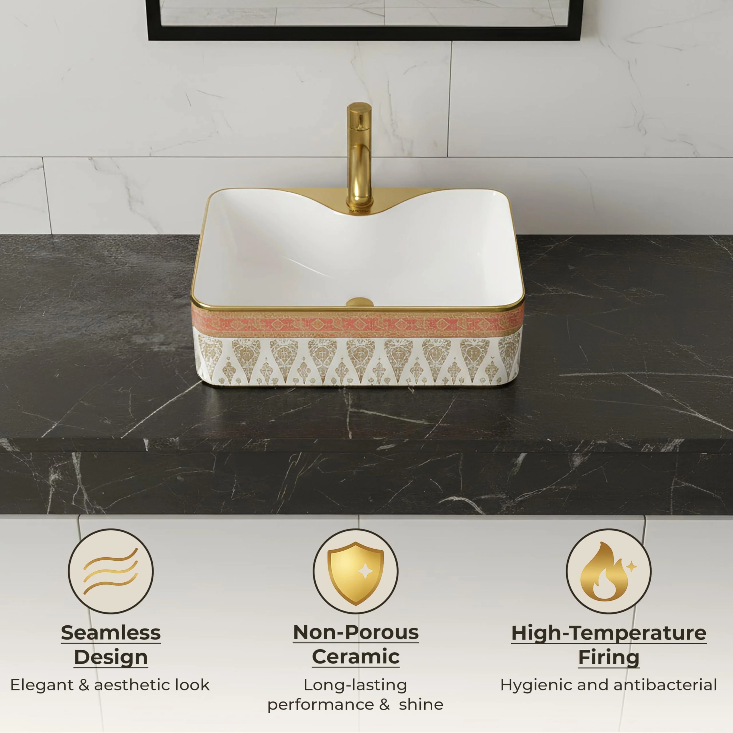 Plantex Ceramic Designer Washbasin for Bathroom/Countertop Basin/Rectangle Tabletop Wash Basin for Restaurant/Hotel (19 x 15 x 5.5 Inch-White & Gold) - Image 7