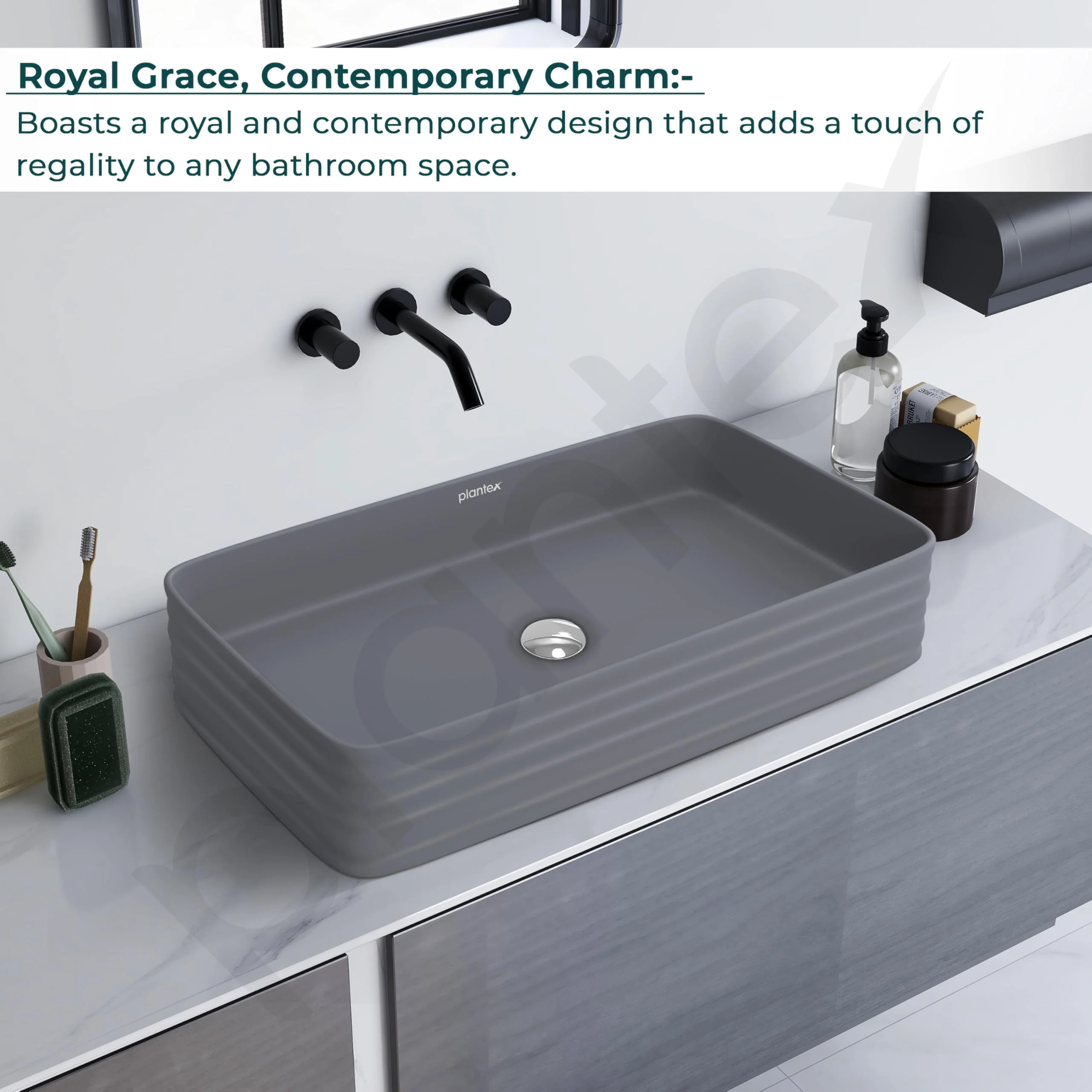 Plantex Ceramic Designer Washbasin for Bathroom/Countertop Bathroom Basin/Rectangle Tabletop Wash Basin for Restaurant/Hotel - (3063, Cloud Grey) - Image 5