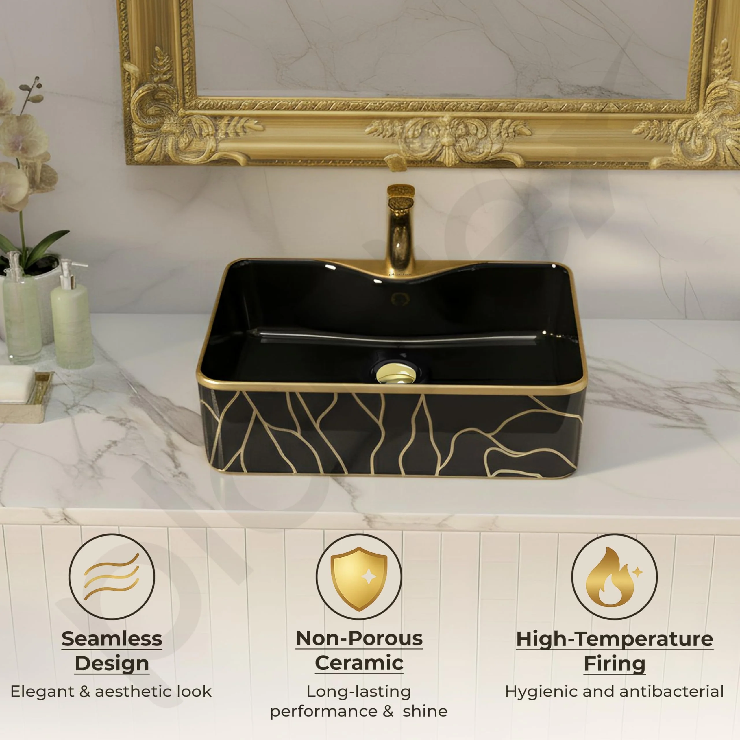 Plantex Ceramic Designer Washbasin for Bathroom/Countertop Wash Basin/Rectangle Tabletop Hand Wash Basin for Restaurant/Hotel (19x15x5 Inch - Black & Gold) - Image 7