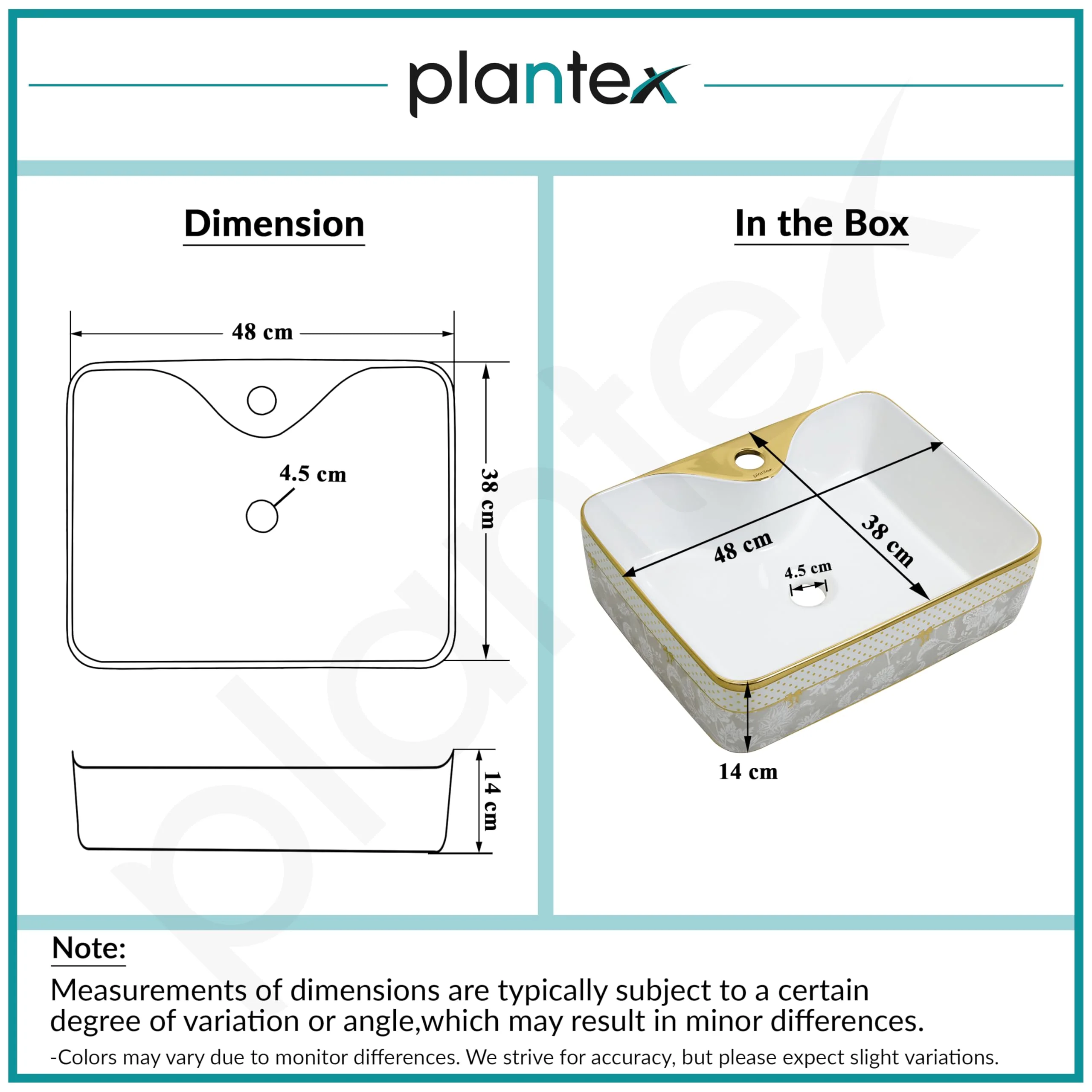 Plantex Ceramic Hand Wash Basin for Bathroom/Countertop Wash Basin/Rectangle Tabletop Basin for Home Restaurant/Hotel (19x15x5.5 Inch - White & Gold) - Image 4