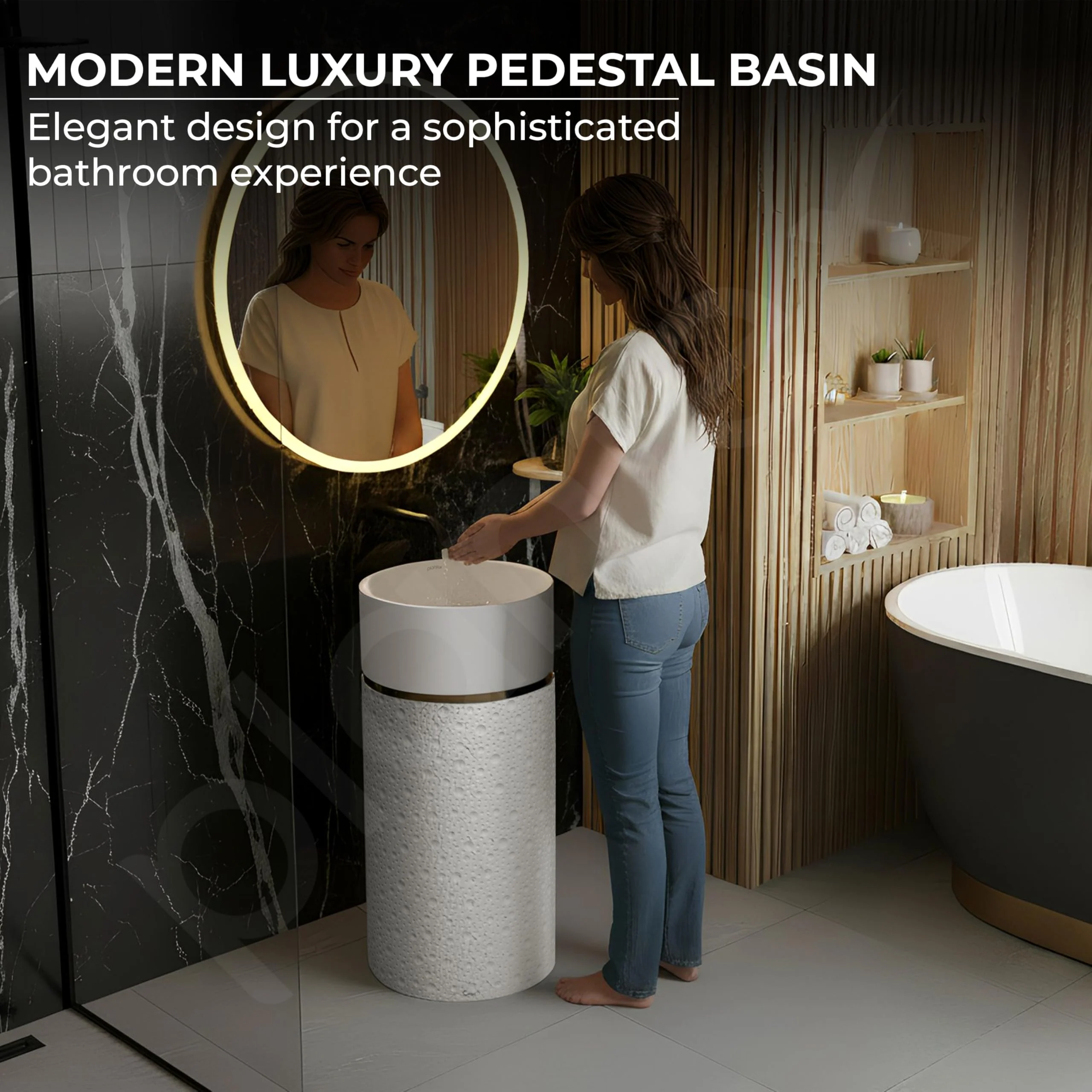 Plantex Ceramic Pedestal Basin for Bathroom/One Piece Pedestal Free Standing Round Wash Basin for living Room/Hotel (Beige) - Image 3