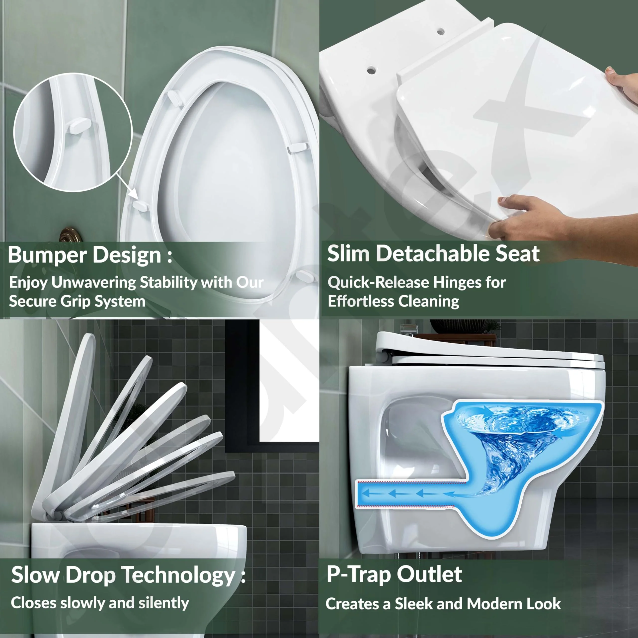 Plantex Ceramic Rim Western Commode/P- Trap Washdown Wall Hung Commode for Toilet with Soft Close Toilet Seat Cover - (Cascade, White) - Image 4
