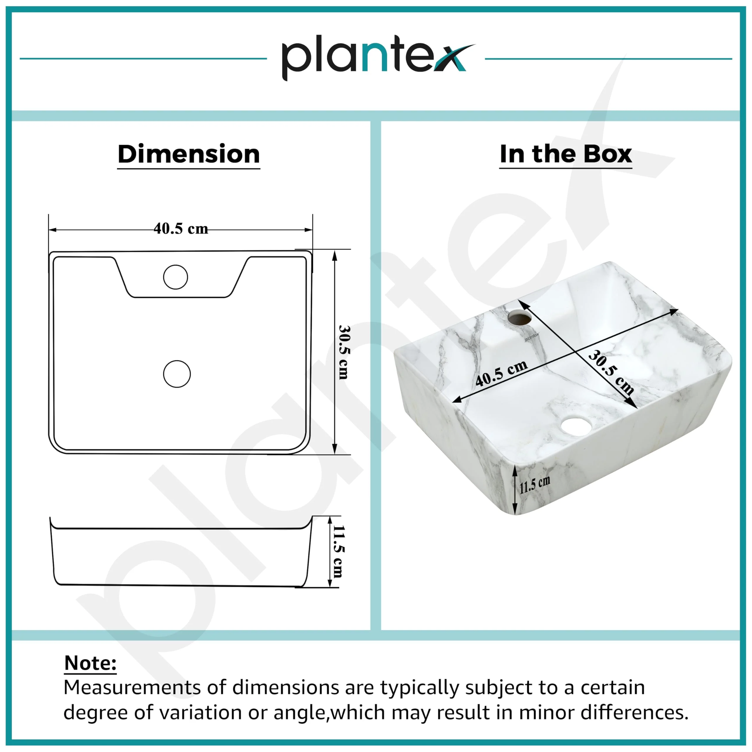 Plantex Ceramic Wash Basin for Bathroom/Rectangle Wall Mount Basin/Bathroom Sink/Washbasin for Restaurant/Hotel (Marble Finish - 16 x 12 x 5 Inch) - Image 3