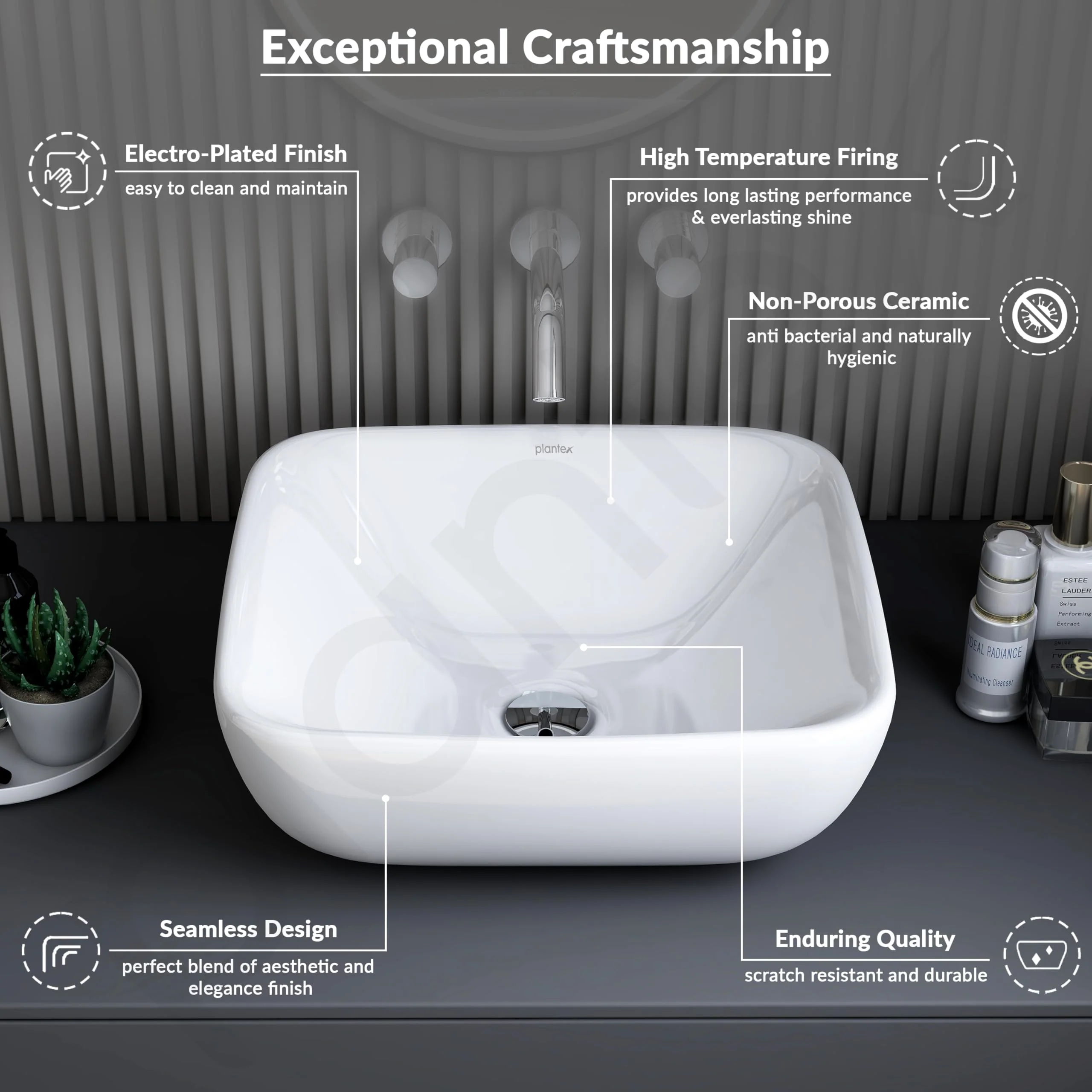 Plantex Ceramic Wash Basin/Tabletop Wash Basin with 10 Years Glaze Warranty by Plantex/Wash Basin for Bathroom/Restaurant (Glossy White, 18.5 x 16.5 x 7 Inch) - Image 4