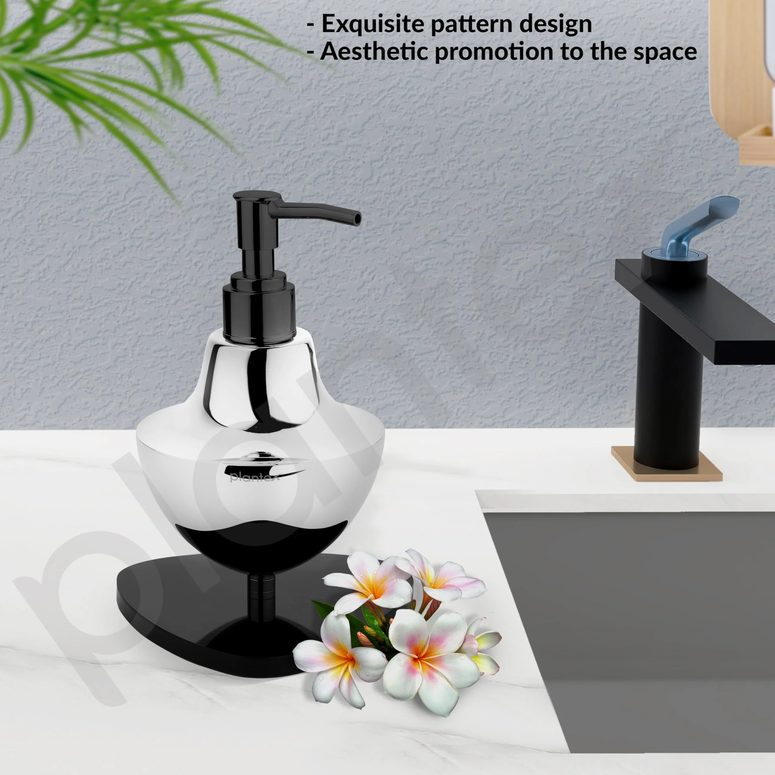 Plantex Chrome & Black Stainless Steel and Acrylic Shampoo Dispenser for Bathroom/Handwash Dispenser - Pack of 1 - Image 3