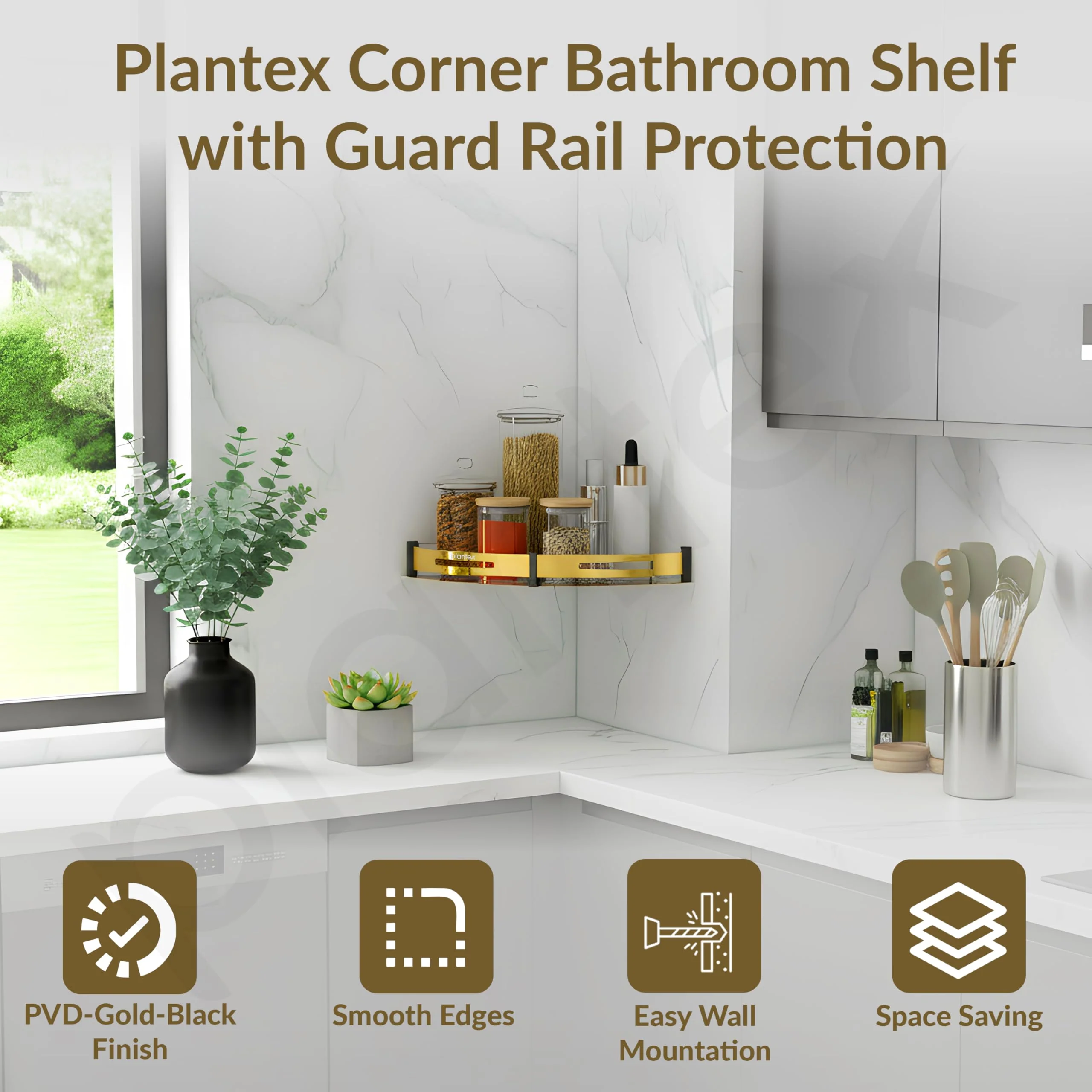 Plantex Corner Shelf for Bathroom Wall Mount/Stainless Steel Bathroom Corner Shelf with Railings/Bathroom Accessories Holder for Wall (9x9 inches, PVD Gold & Black) - Image 3