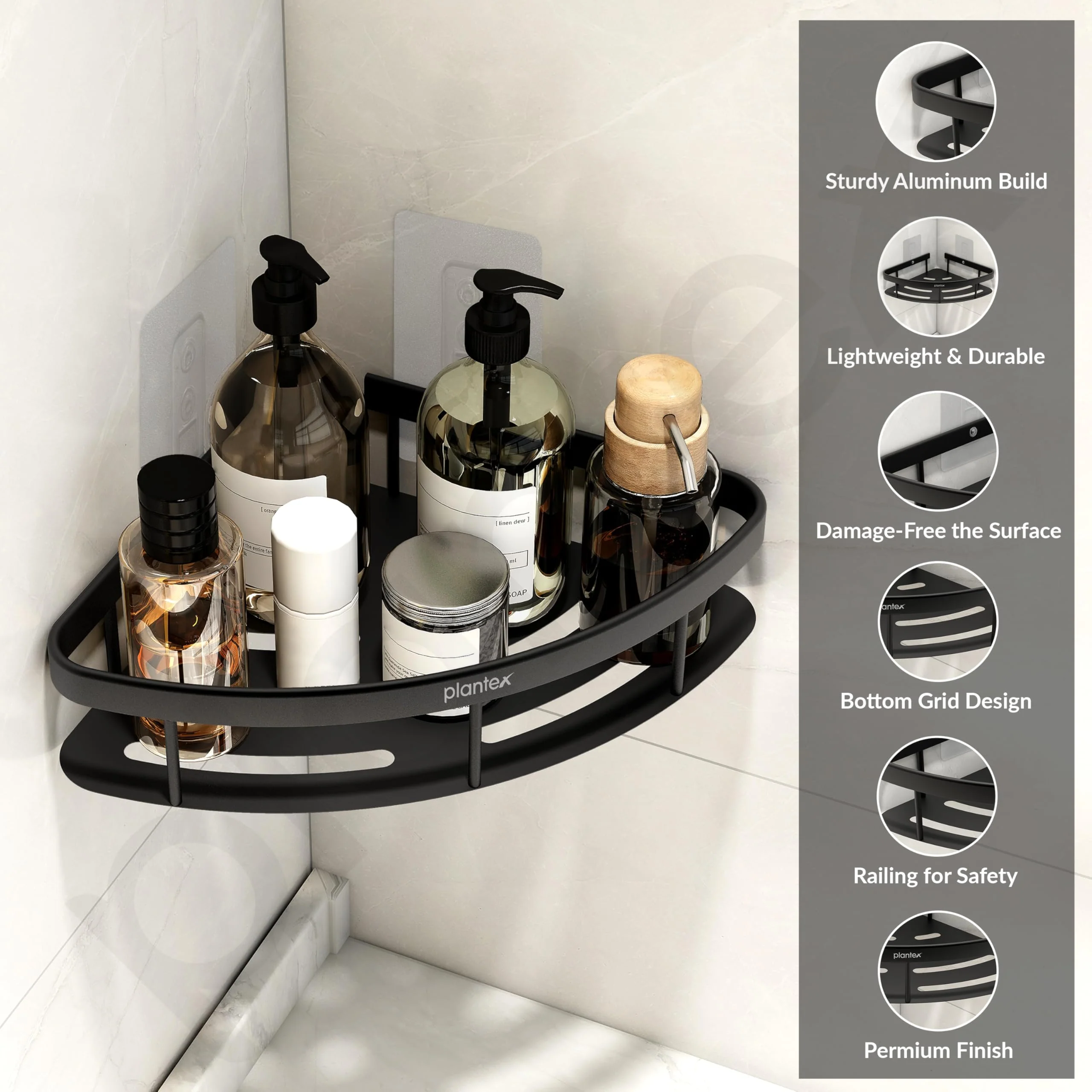Plantex Corner Shelf for Bathroom Wall/No Drill Bathroom Organiser/Aluminium Corner Shelf for Kitchen/Self Adhesive Shelf (9x9 inches, Matt Black) - Pack of 2 - Image 3
