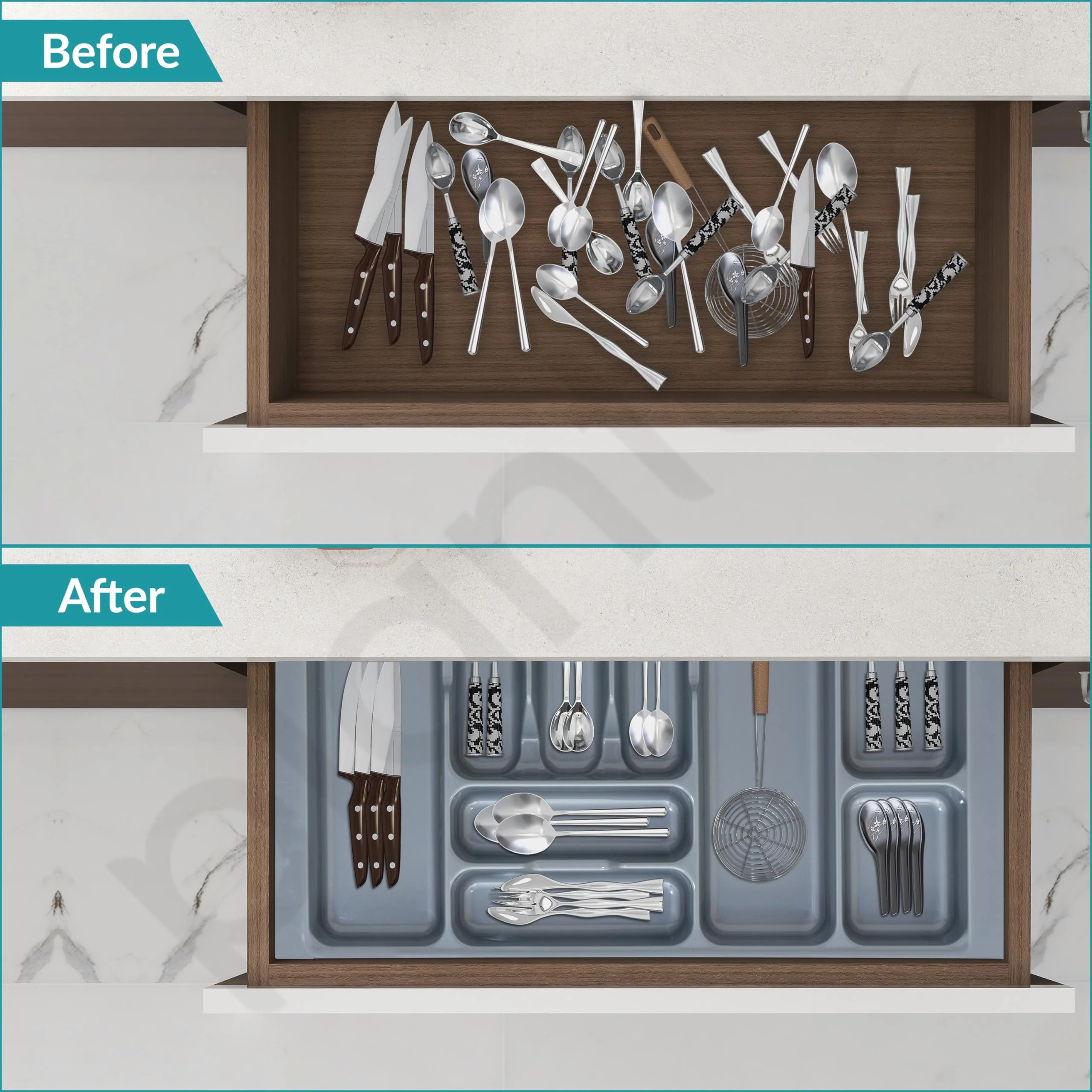 Plantex Cutlery tray for Kitchen Drawer/Cutlery Cosmetic Stationary Organizer/Cabinet Cutlery Tray Organizer for Modular Kitchen - (Grey-28.5x18.5 INCH) - Image 5