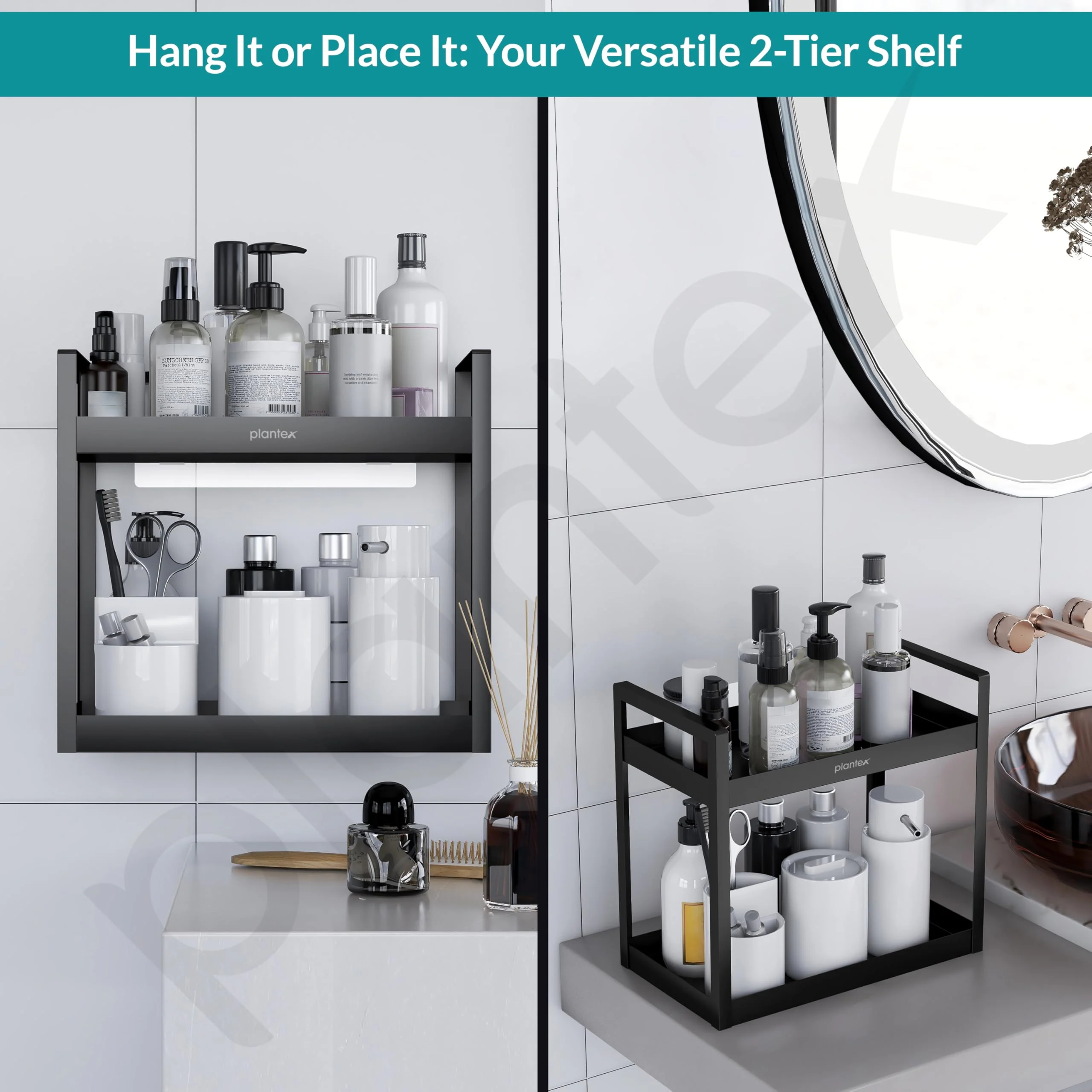 Plantex Deluxe 2 Tier Self Adhesive Bathroom Shelf Rack/Bathroom Organiser Without Drill/Bathroom Shelf Rack/Kitchen Stand Kitchen Multipurpose Shelf(Black, Powder Coated,GI Metal) - Image 2