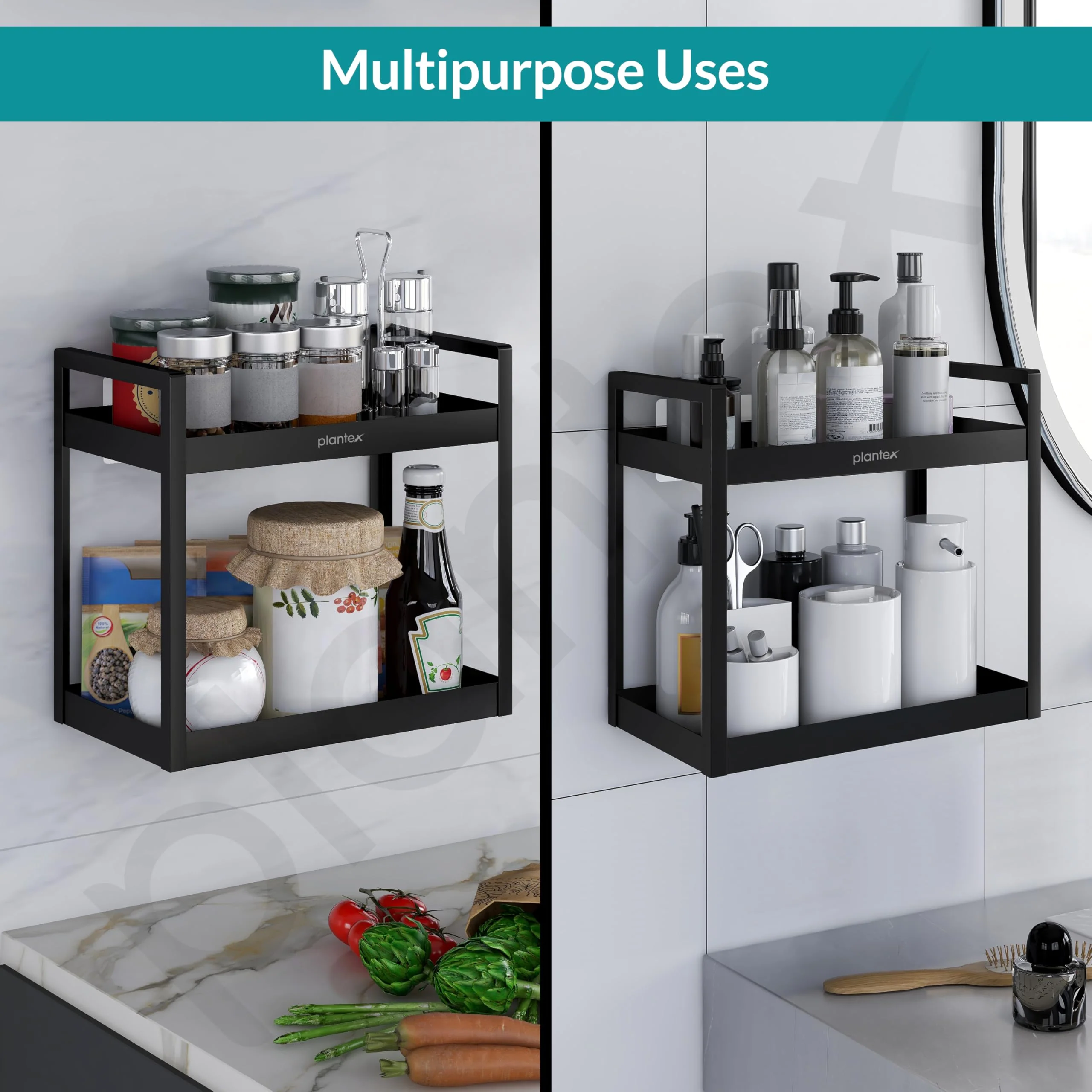 Plantex Deluxe 2 Tier Self Adhesive Bathroom Shelf Rack/Bathroom Organiser Without Drill/Bathroom Shelf Rack/Kitchen Stand Kitchen Multipurpose Shelf(Black, Powder Coated,GI Metal) - Image 6
