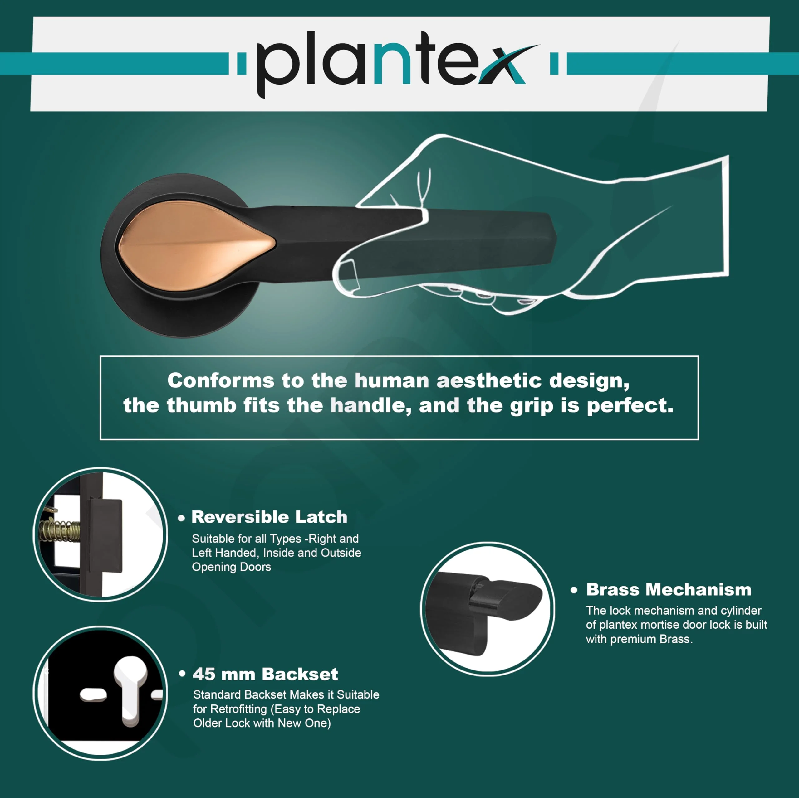 Plantex Door Handle Lock/Main Door Mortise Lock/Handle Set for Home/Office (PT-012, Rose Gold & Black) - Image 4