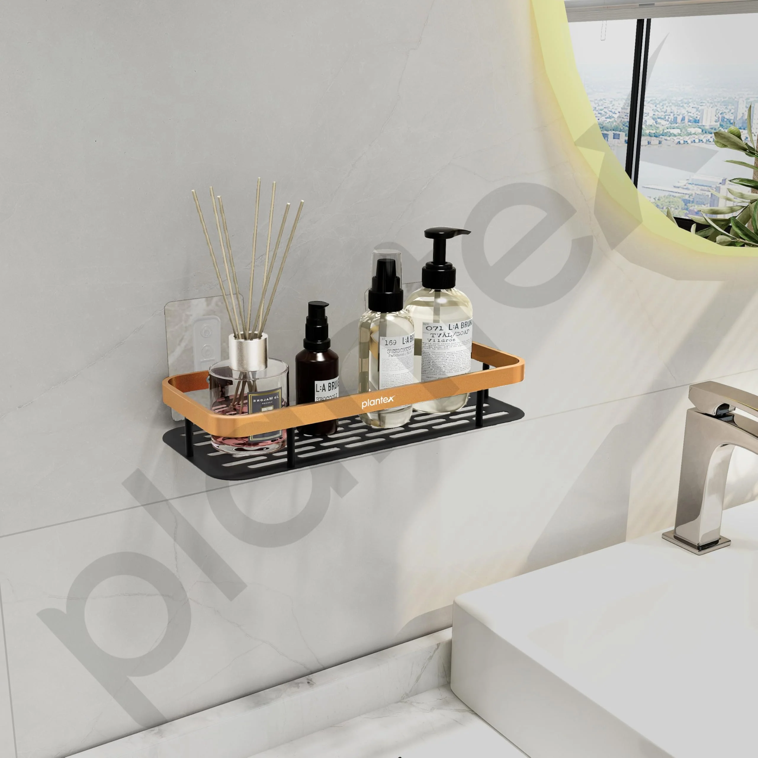 Plantex Drill Free Aluminium Bathroom Shelf/Self Adhesive Shelf for Kitchen with Golden Railing & Magic Stickers/Floating Storage Organiser (12x5 inches, Gold & Black) - Pack of 1 - Image 2
