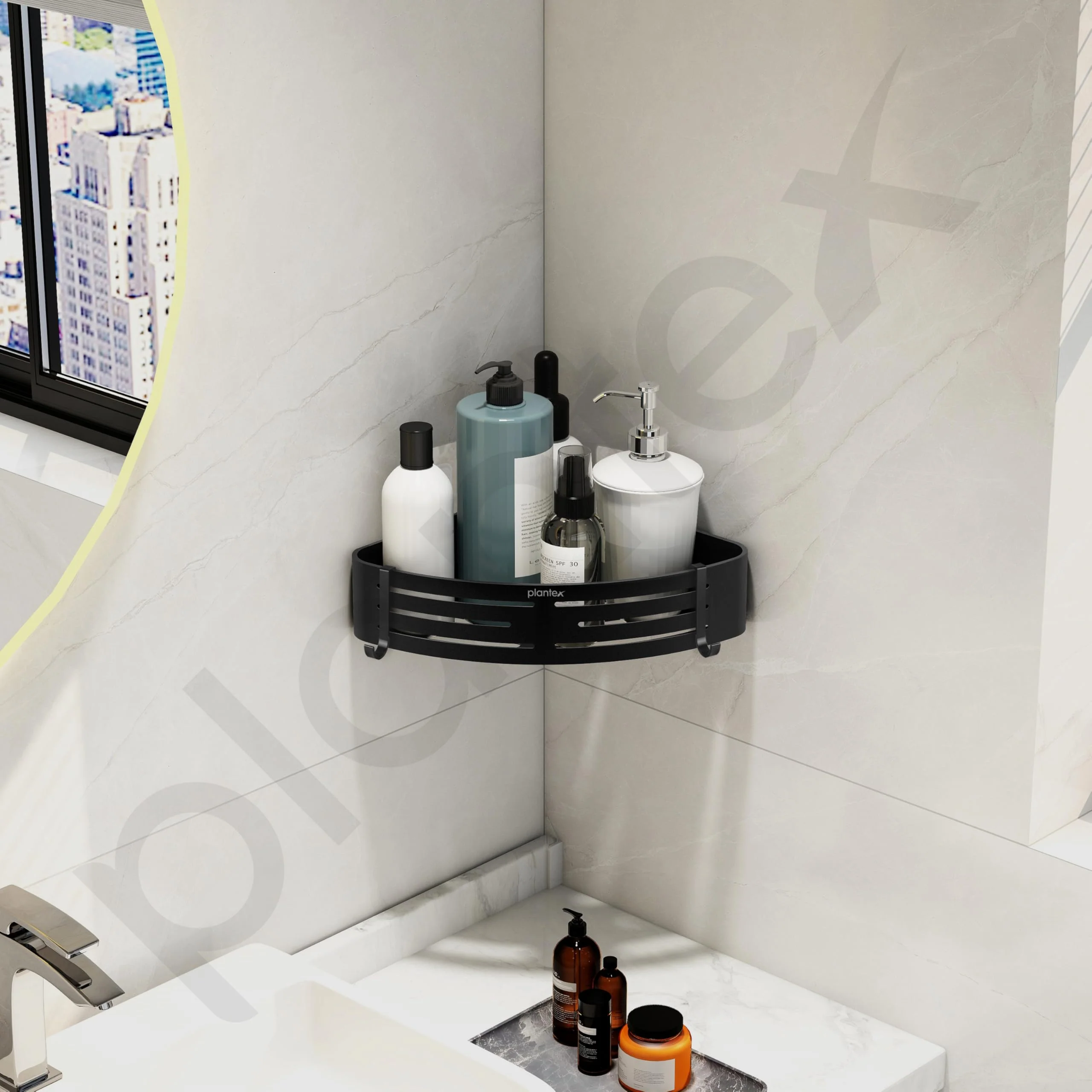 Plantex Drill Free Corner Shelf for Bathroom Wall/Self Adhesive Bathroom Shelf Corner/Aluminum Wall Mount Side Corner Shelf Organizer/Shelf for Kitchen with Removable Hooks-9x9 inch Matt Black - Image 2