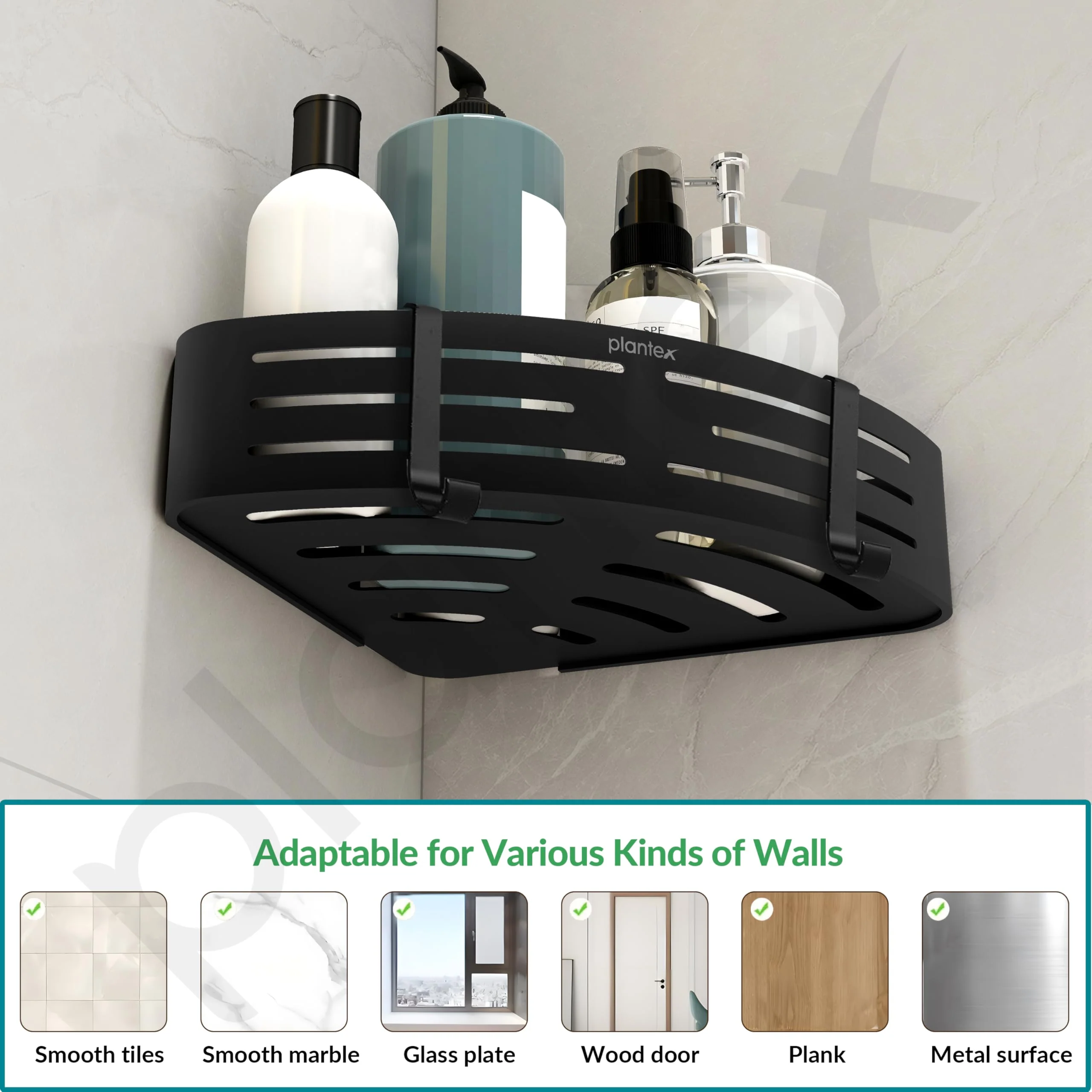 Plantex Drill Free Corner Shelf for Bathroom Wall/Self Adhesive Bathroom Shelf Corner/Aluminum Wall Mount Side Corner Shelf Organizer/Shelf for Kitchen with Removable Hooks-9x9 inch Matt Black - Image 6