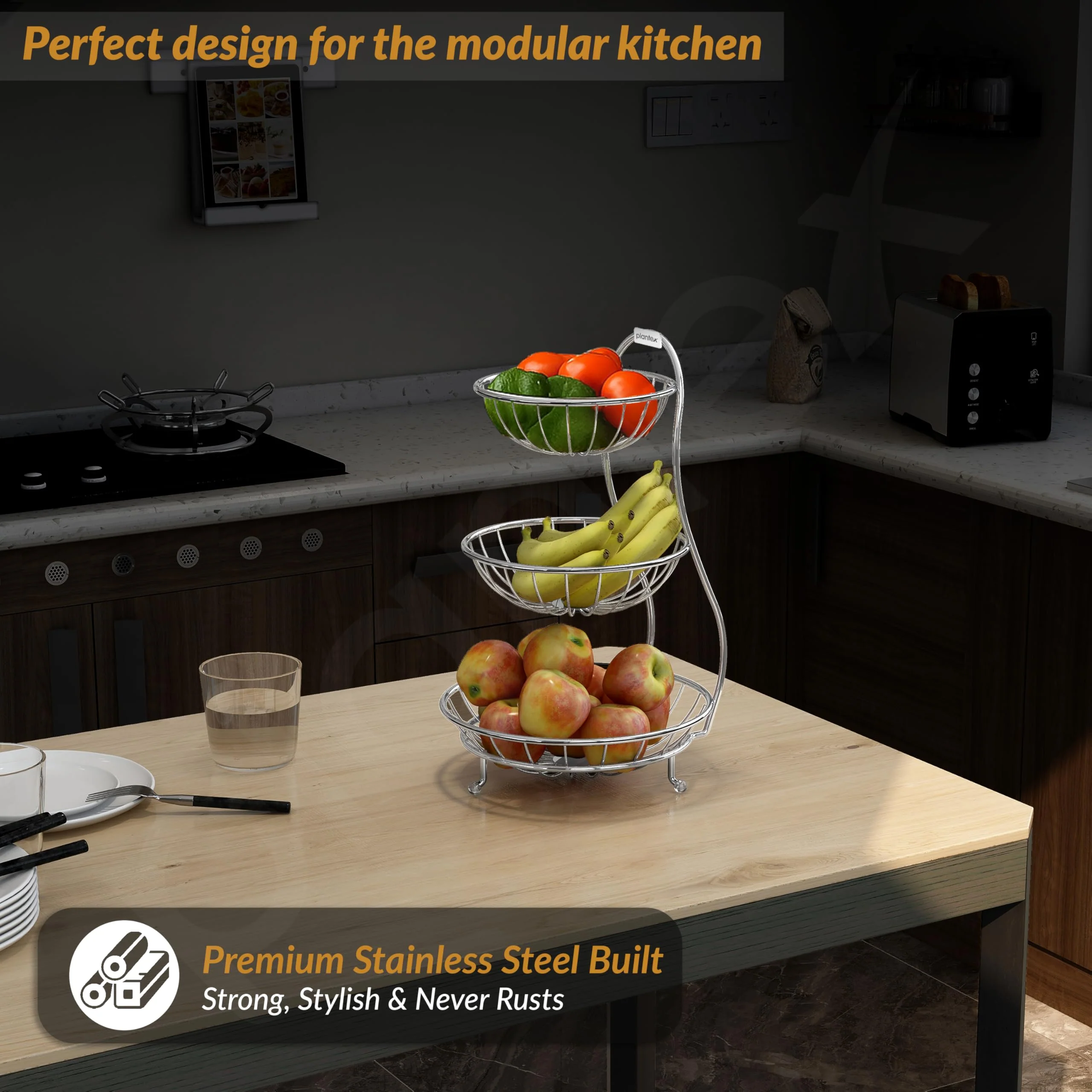Plantex Elegant High Grade Stainless Steel 3-Tier Fruit & Vegetable Basket for Dining Table/Kitchen-Big Size(Chrome), Solid - Image 6