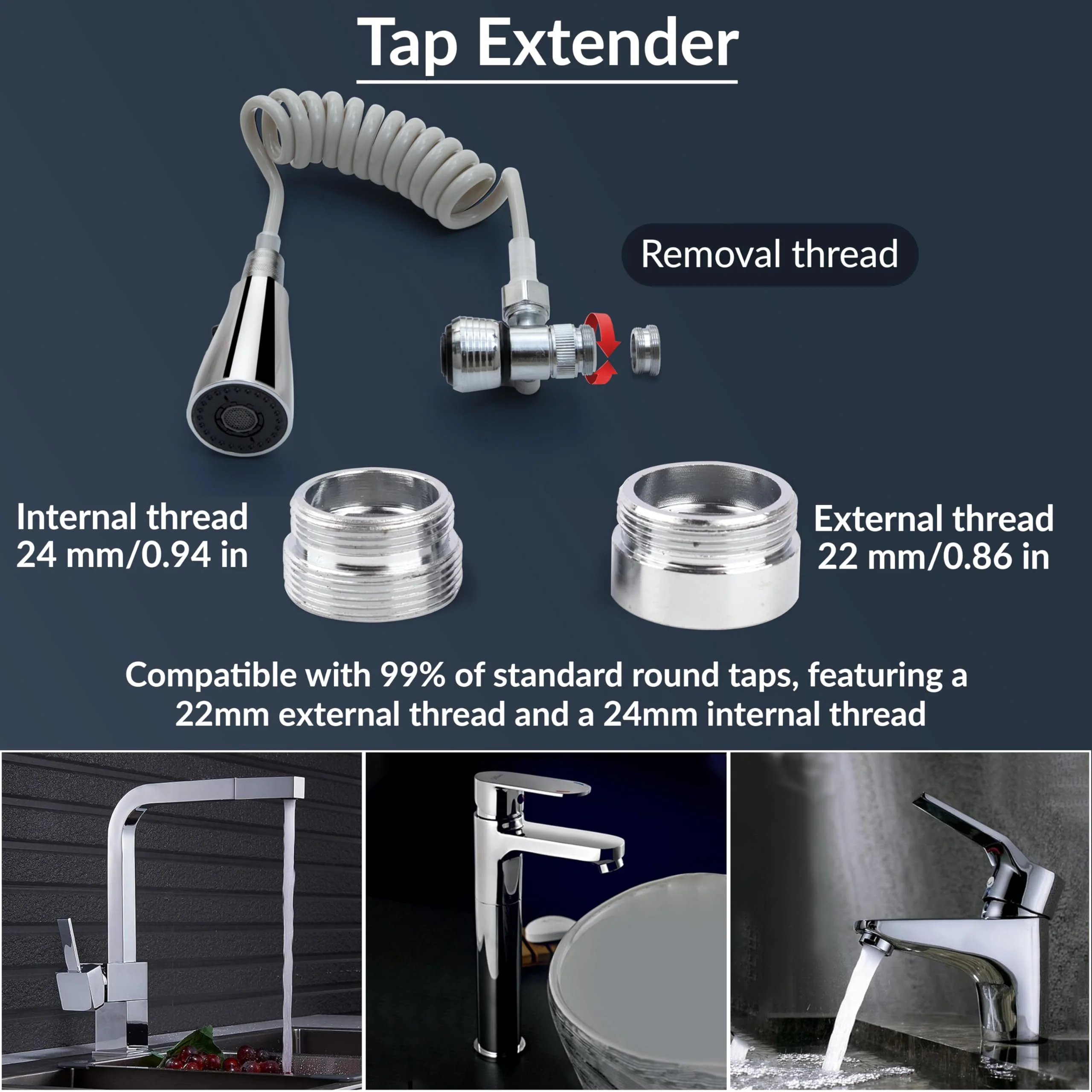 Plantex Flexible Tap Extender for Kitchen Sink/360° Rotation/Diverter Plus Aerator with Extendable Recoil Hose/Fits F22 and M24 mm taps (XL-2014/Chrome) - Image 6