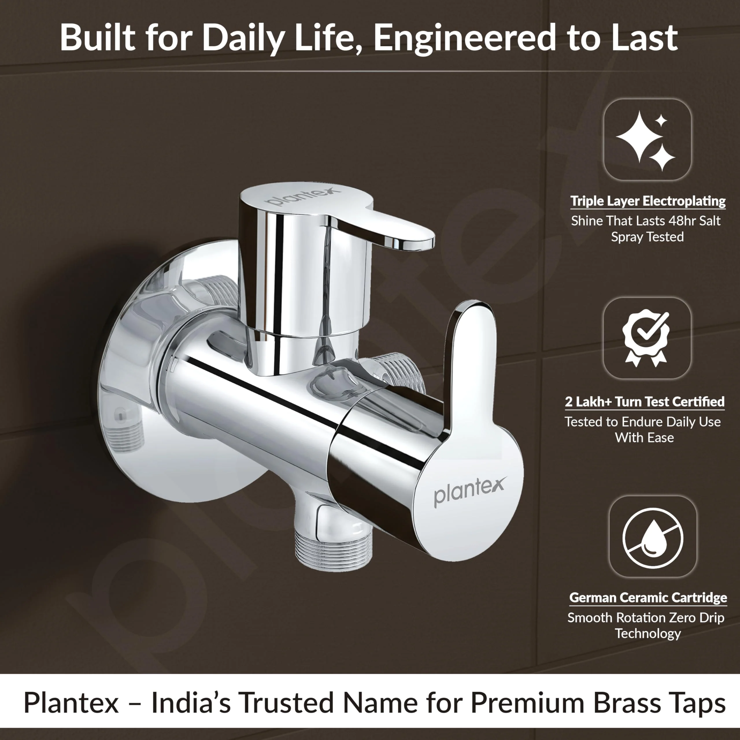 Plantex FLO-808 Pure Brass 2-Way Angle Valve/Angle Cocke for Bathroom With Brass Wall Flange & Teflon Tape (Mirror-Chrome Finish) - Image 3
