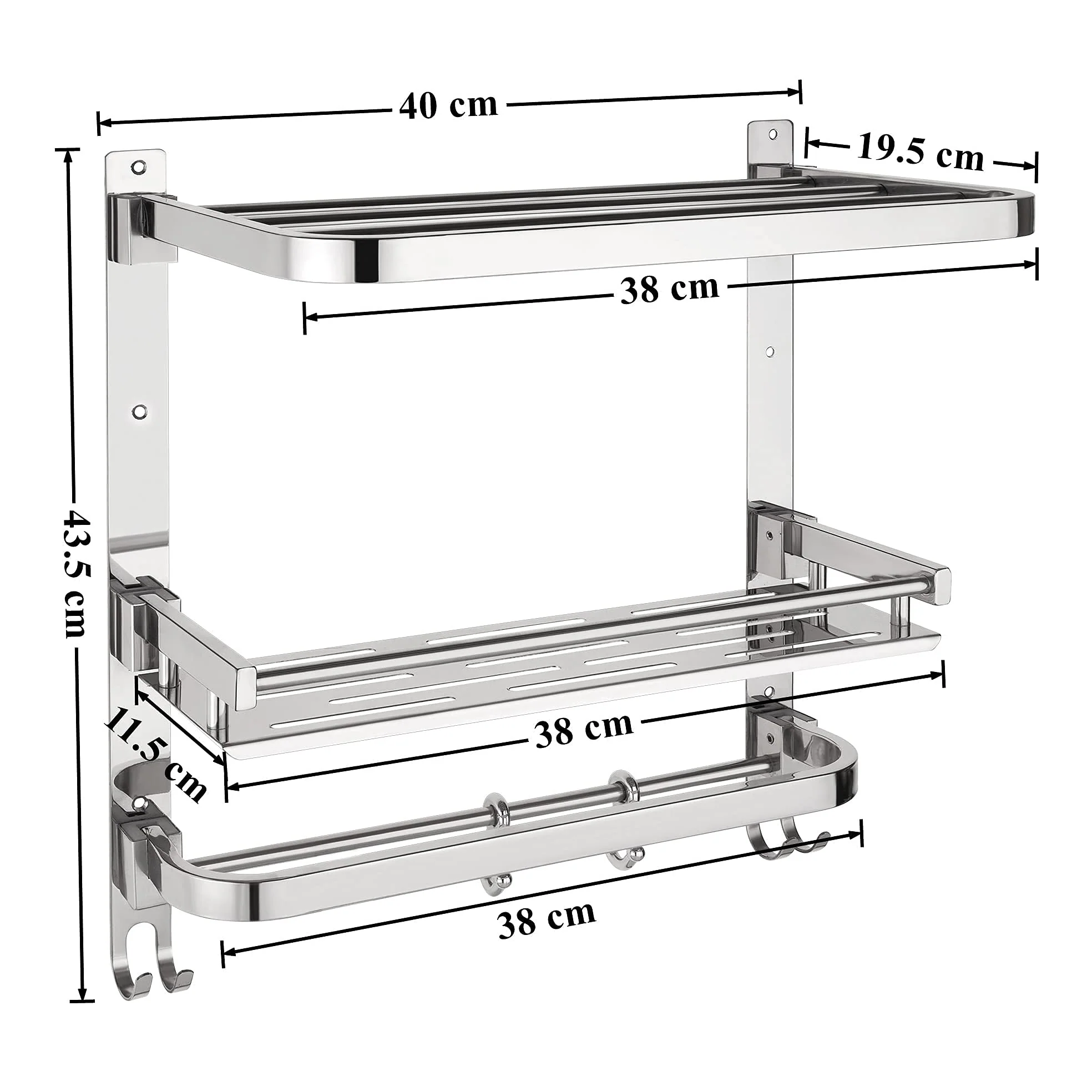 Plantex Folding Bathroom Shelf for Wall/304 Grade Stainless Steel Shelf for Bathroom with Hooks and Towel Rod/Rack/Premium Multipurpose Organizer (3-Tier, Chrome) - Image 3