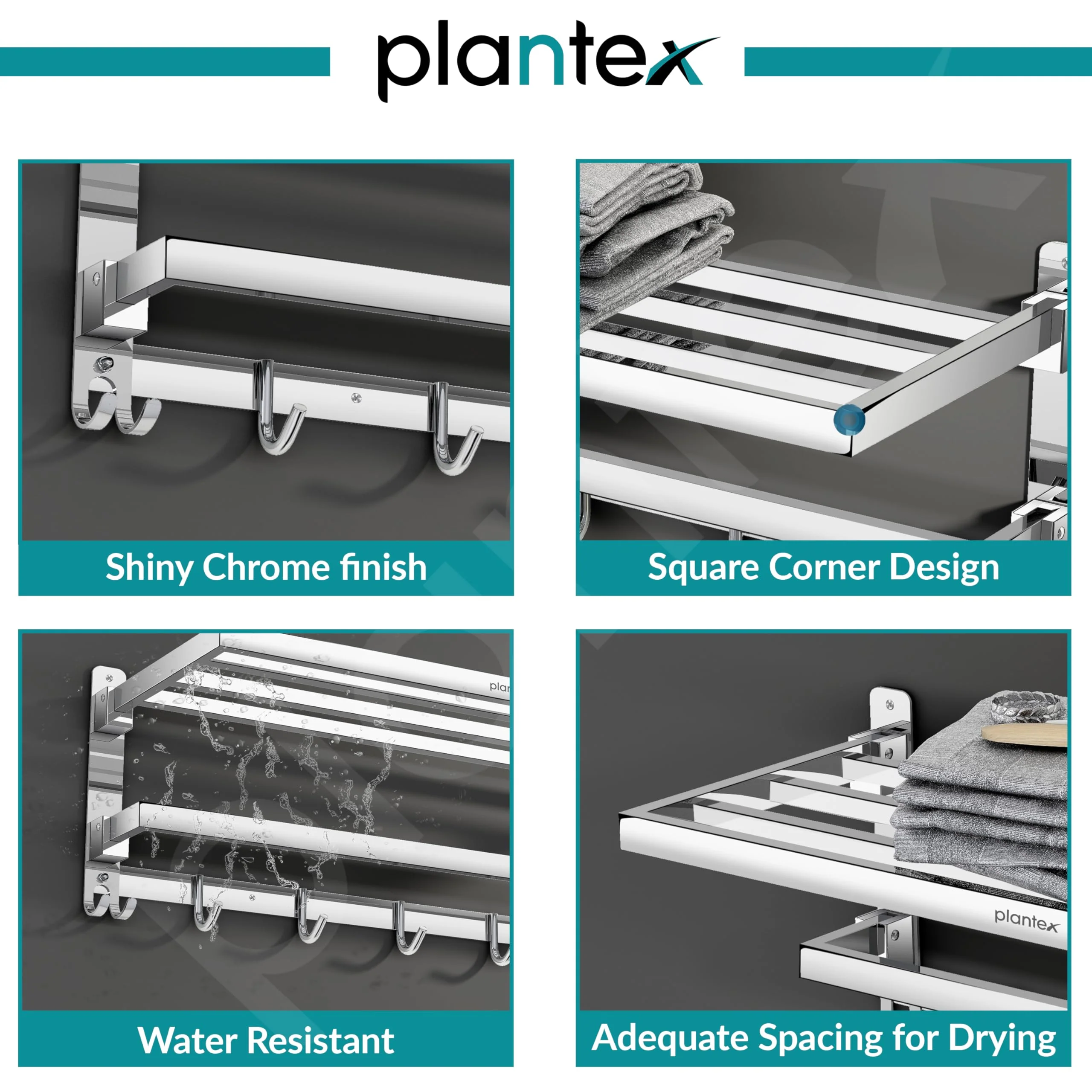 Plantex Folding Towel Rack with Hooks for Bathroom/24 Inch Stainless Steel Towel Hanger/Towel Stand/Towel Rod/Bathroom Accessories - Pack of 1 (Chrome) - Image 3