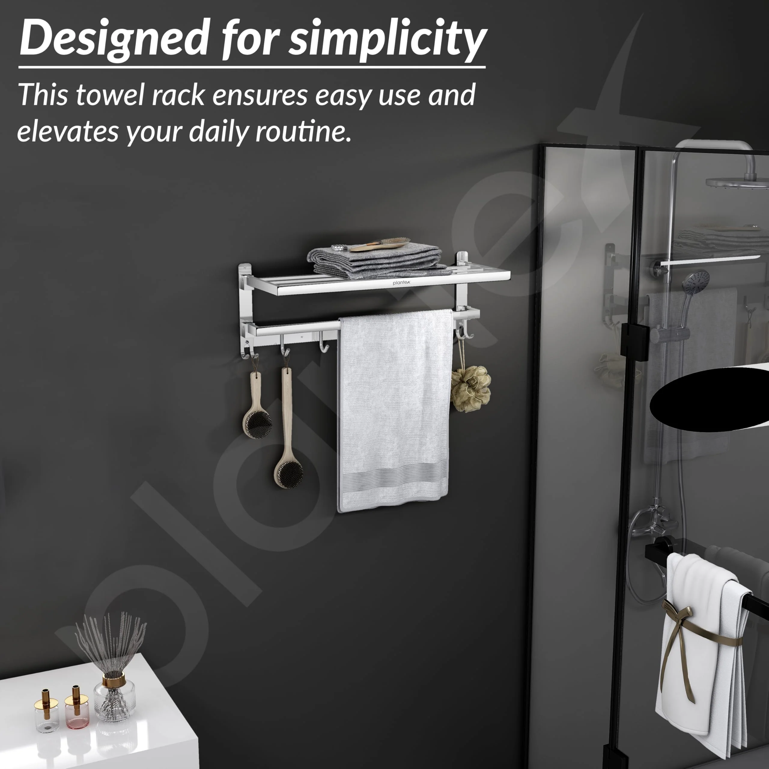 Plantex Folding Towel Rack with Hooks for Bathroom/24 Inch Stainless Steel Towel Hanger/Towel Stand/Towel Rod/Bathroom Accessories - Pack of 1 (Chrome) - Image 7