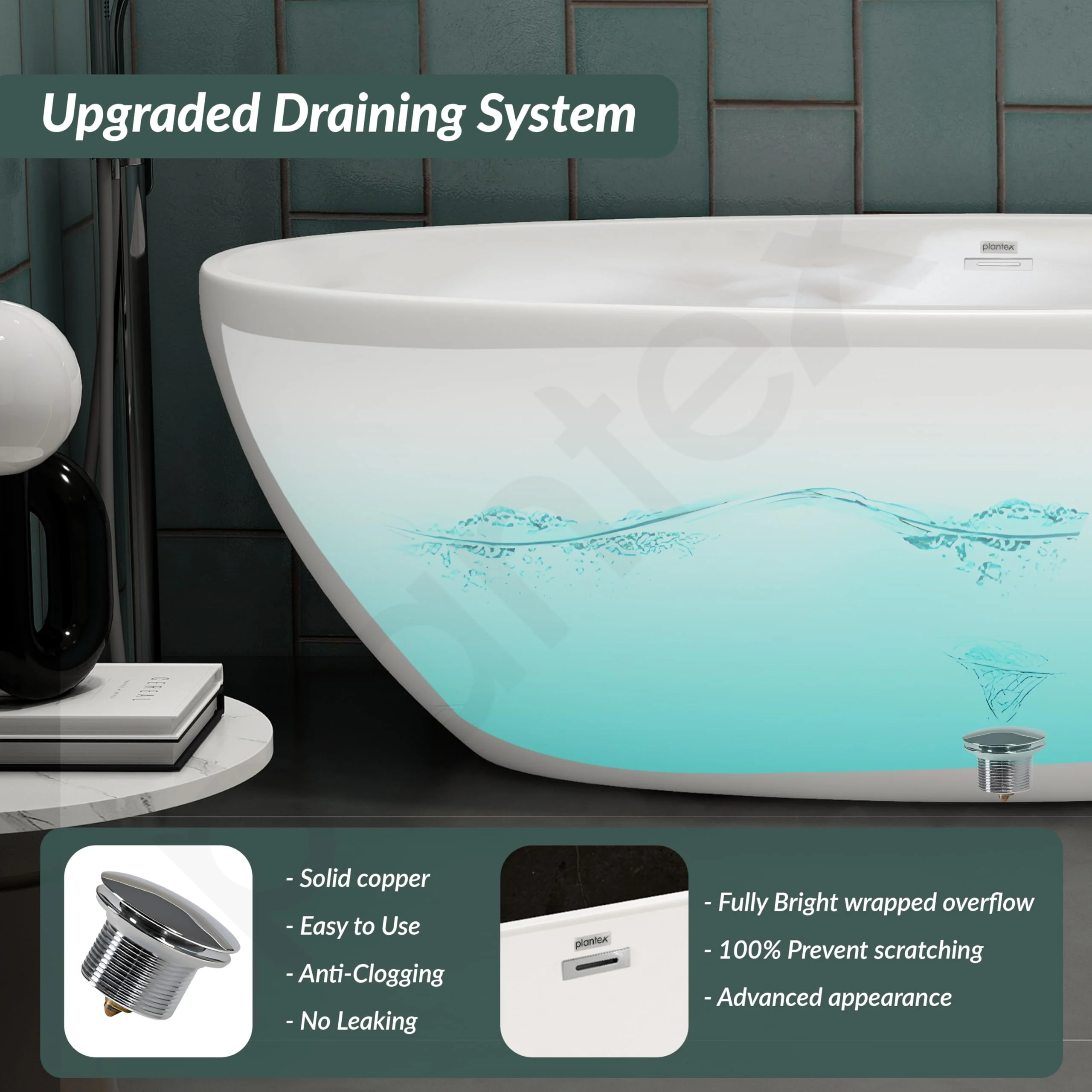 Plantex Freestanding Bathtub For Bathroom/Bath tub for Adults/Deep Soaker Bathtub with Overflow,Popup and Drain Pipe (BSM-223-White -1700mm) - Image 7