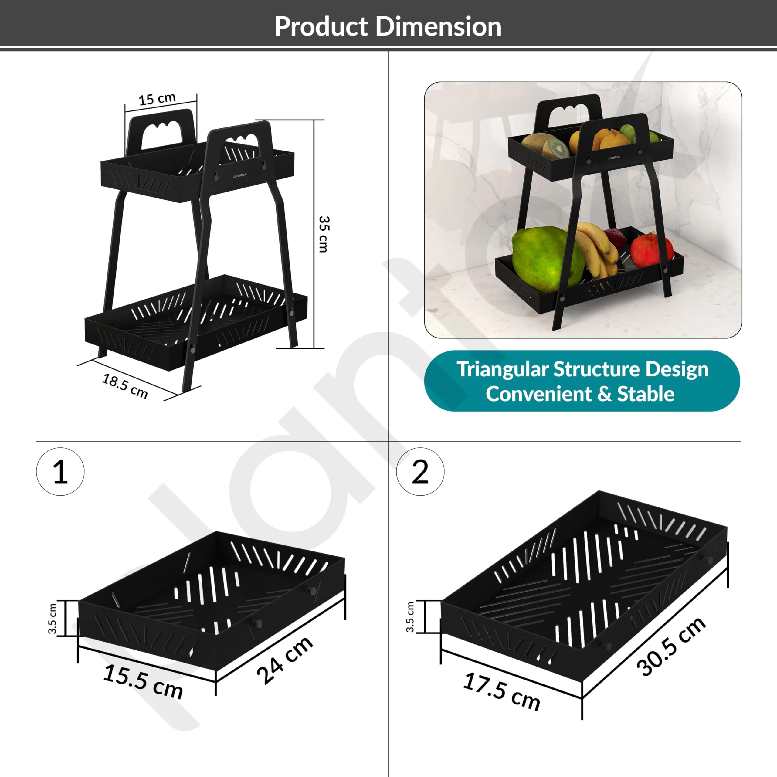 Plantex GI-Steel 2 Tier Shelf/Multipurpose Rack/Storage Rack for Kitchen/Fruit & Vegetable Basket for Kitchen - Pack of 1, (Black) - Image 2
