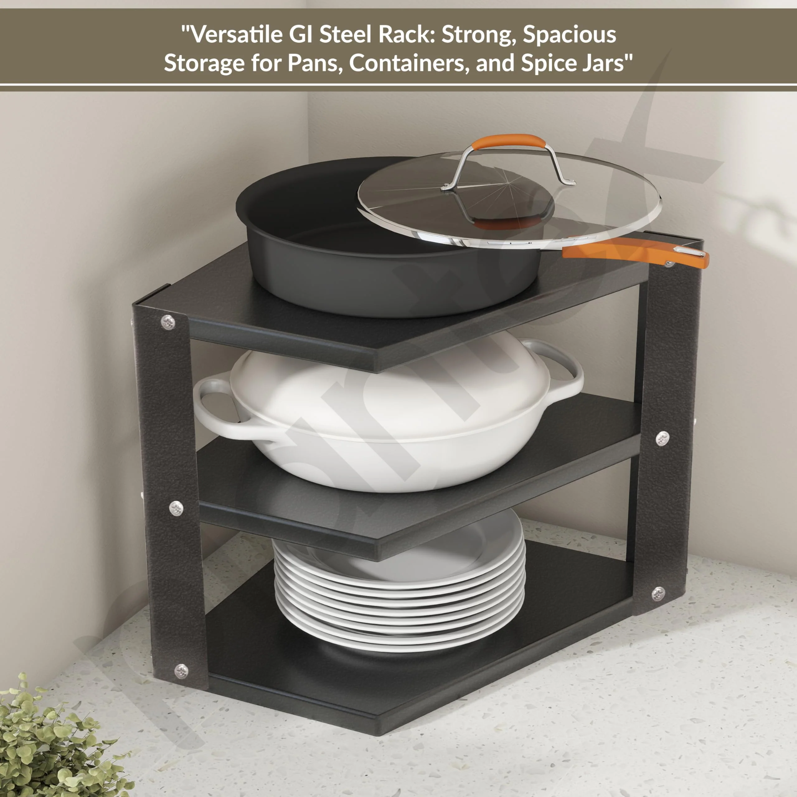 Plantex GI-Steel 3-Tier Pan Stand for Kitchen/Multipurpose Corner Shelf for Kitchen - Pack of 1 (Black) - Image 5