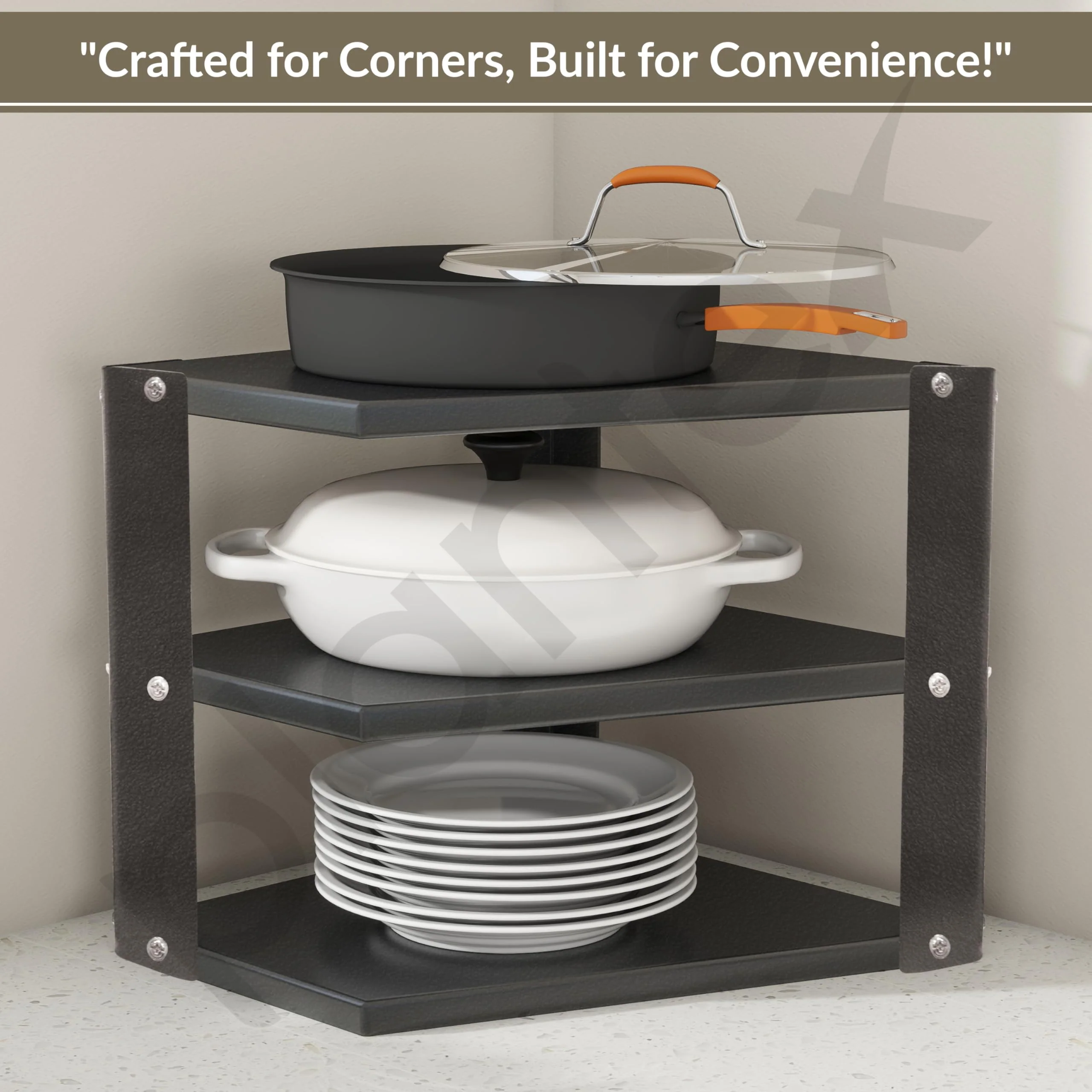 Plantex GI-Steel 3-Tier Pan Stand for Kitchen/Multipurpose Corner Shelf for Kitchen - Pack of 1 (Black) - Image 7