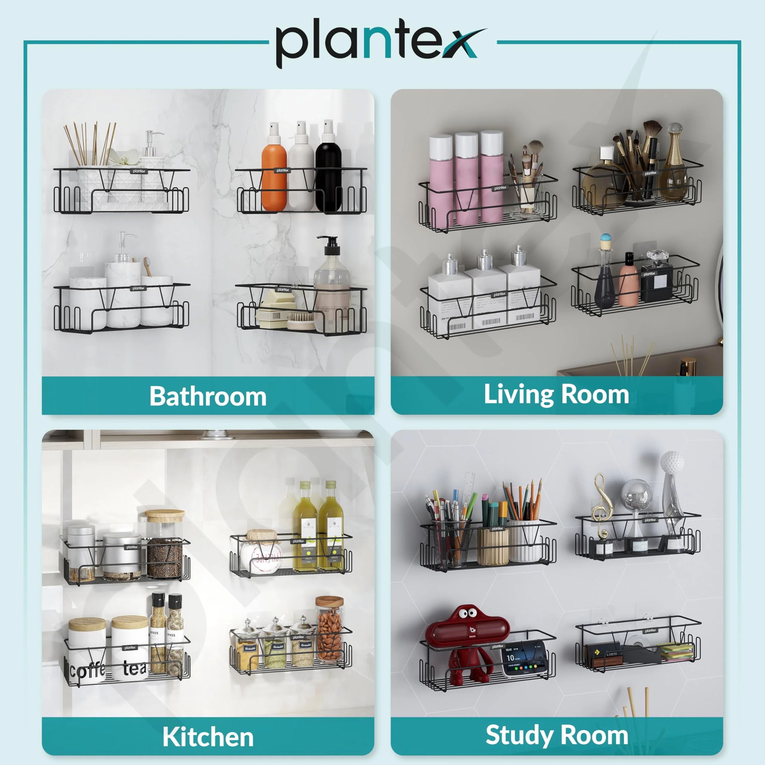 Plantex GI Steel Bathroom Accessories Self Adhesive/Bathroom Shelf for Wall Without Drilling with Side Hooks & Magic Sticker - Black, Powder Coated (Pack of 4) - Image 6