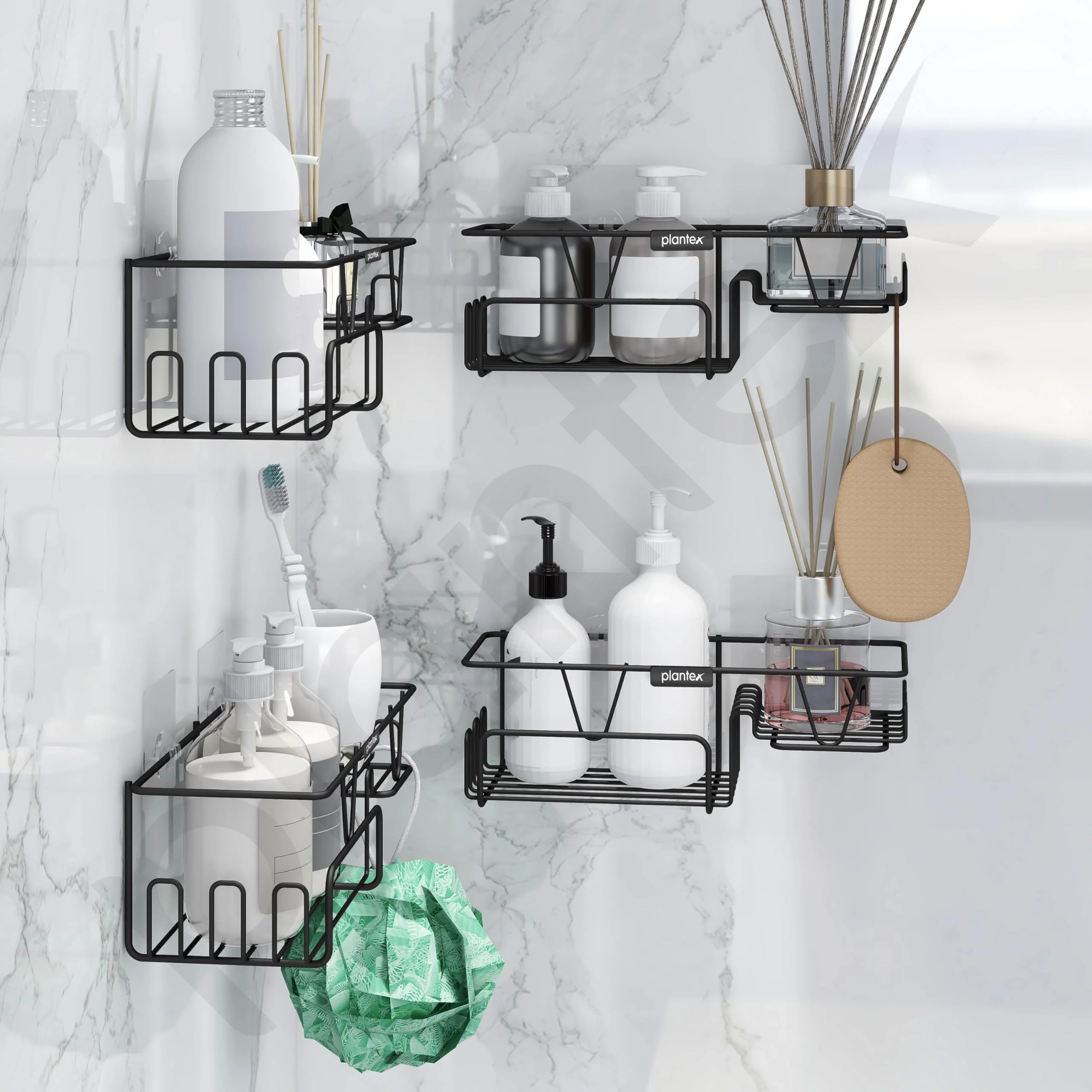 Plantex GI Steel Bathroom Accessories Self Adhesive/Self Adhesive Kitchen Shelf with Side Hooks to Hang Loofah, Soap Holder & Magic Stickers - Black, Powder Coated (Pack of 4) - Image 7