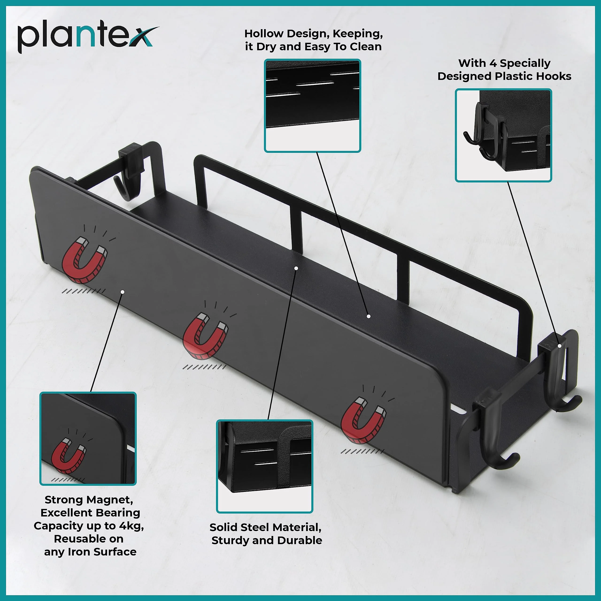 Plantex GI Steel Magnetic Refrigerator Shelf with Hook/Magnetic Shelf for Fridge/Spice Rack for Kitchen/Shelf for Bathroom/Bathroom Organiser - Pack of 1 (Black) - Image 2
