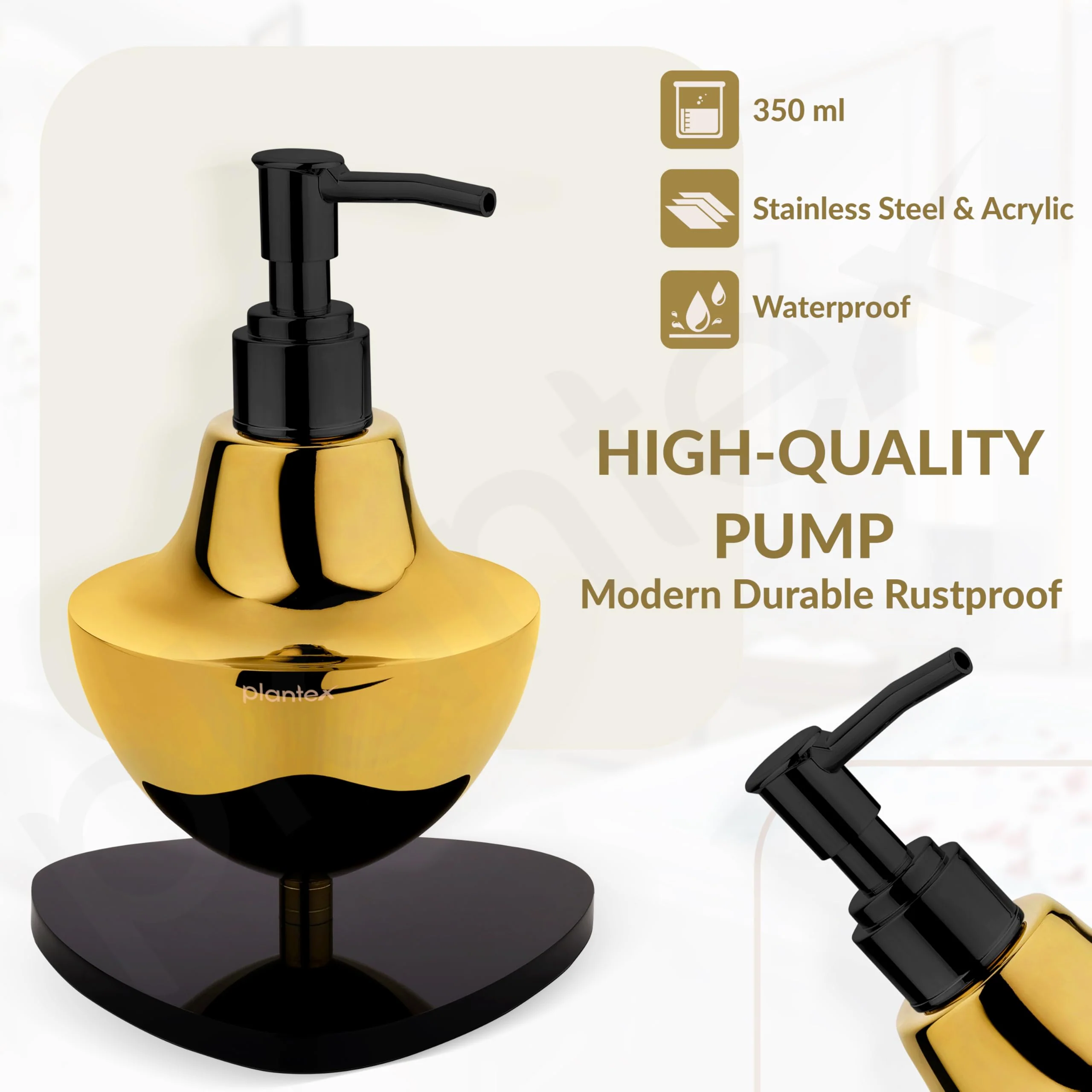 Plantex Gold & Black Stainless Steel and Acrylic Soap Dispenser for Bathroom Countertop/Sink - Pack of 1 - Image 2