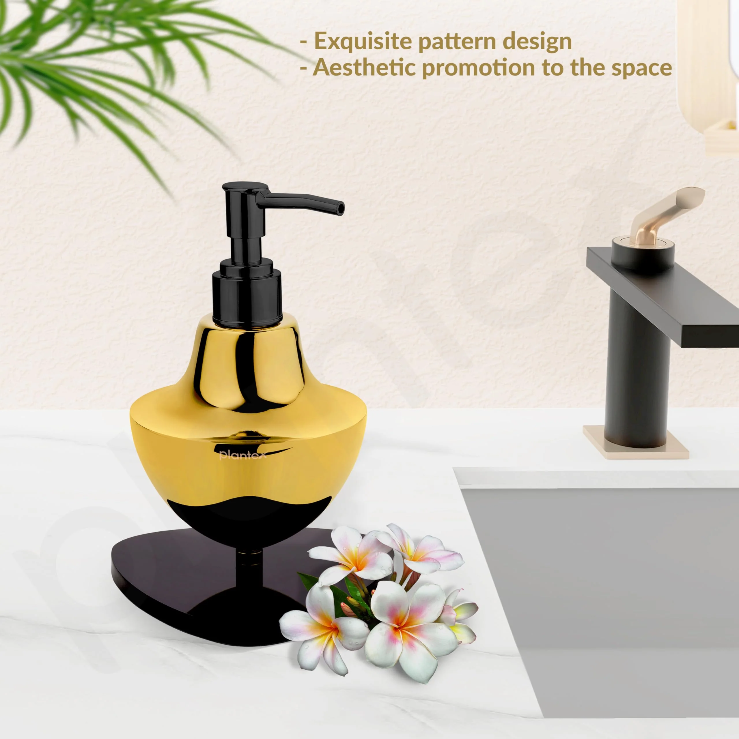 Plantex Gold & Black Stainless Steel and Acrylic Soap Dispenser for Bathroom Countertop/Sink - Pack of 1 - Image 3