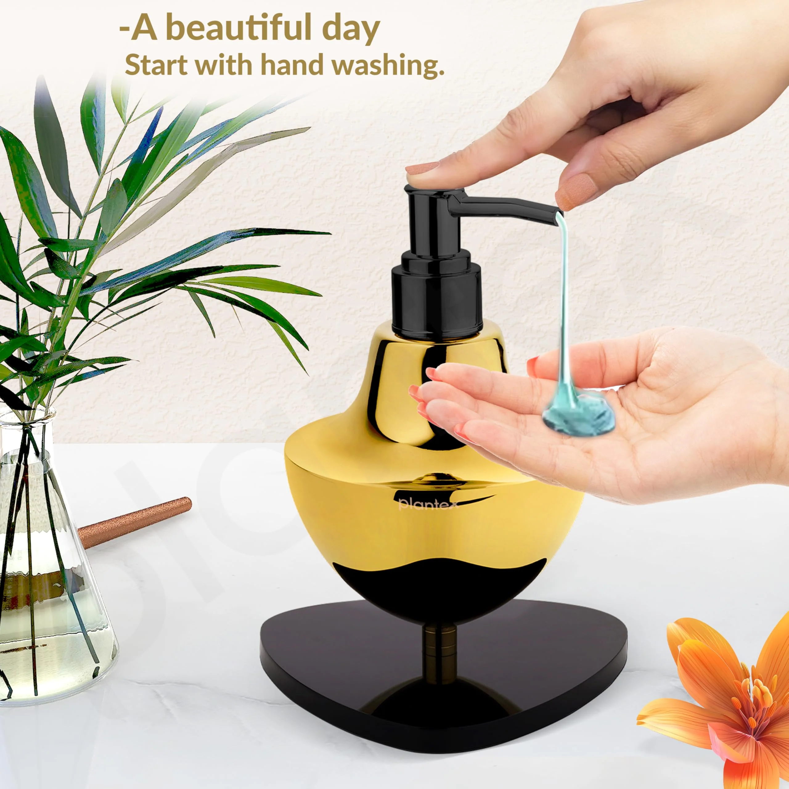 Plantex Gold & Black Stainless Steel and Acrylic Soap Dispenser for Bathroom Countertop/Sink - Pack of 1 - Image 5