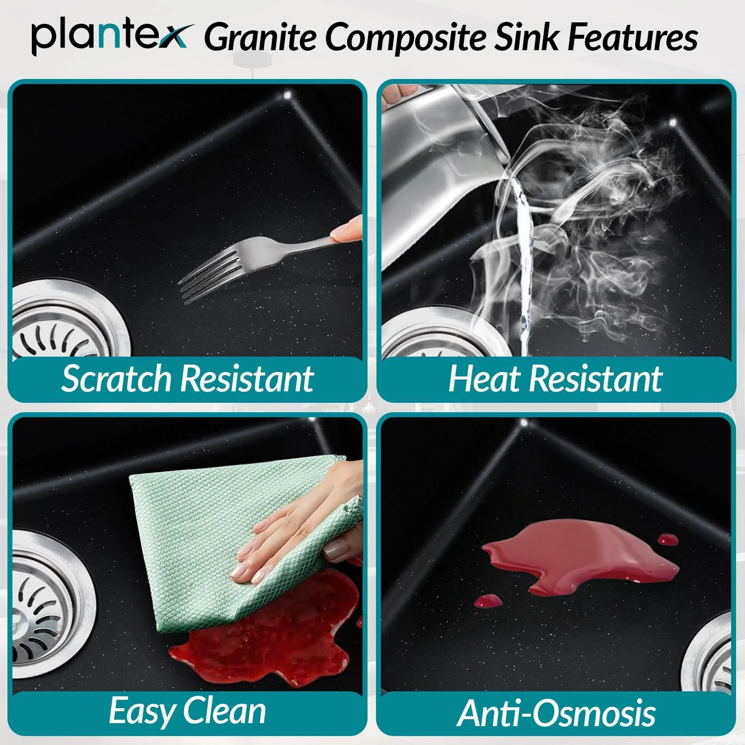 Plantex Granite Single Bowl Sink/Matt Quartz Sink For Kitchen/UV Protected Kitchen Sink/Undermount/Topmount (Nano Black - 24X18 Inches) - Image 3