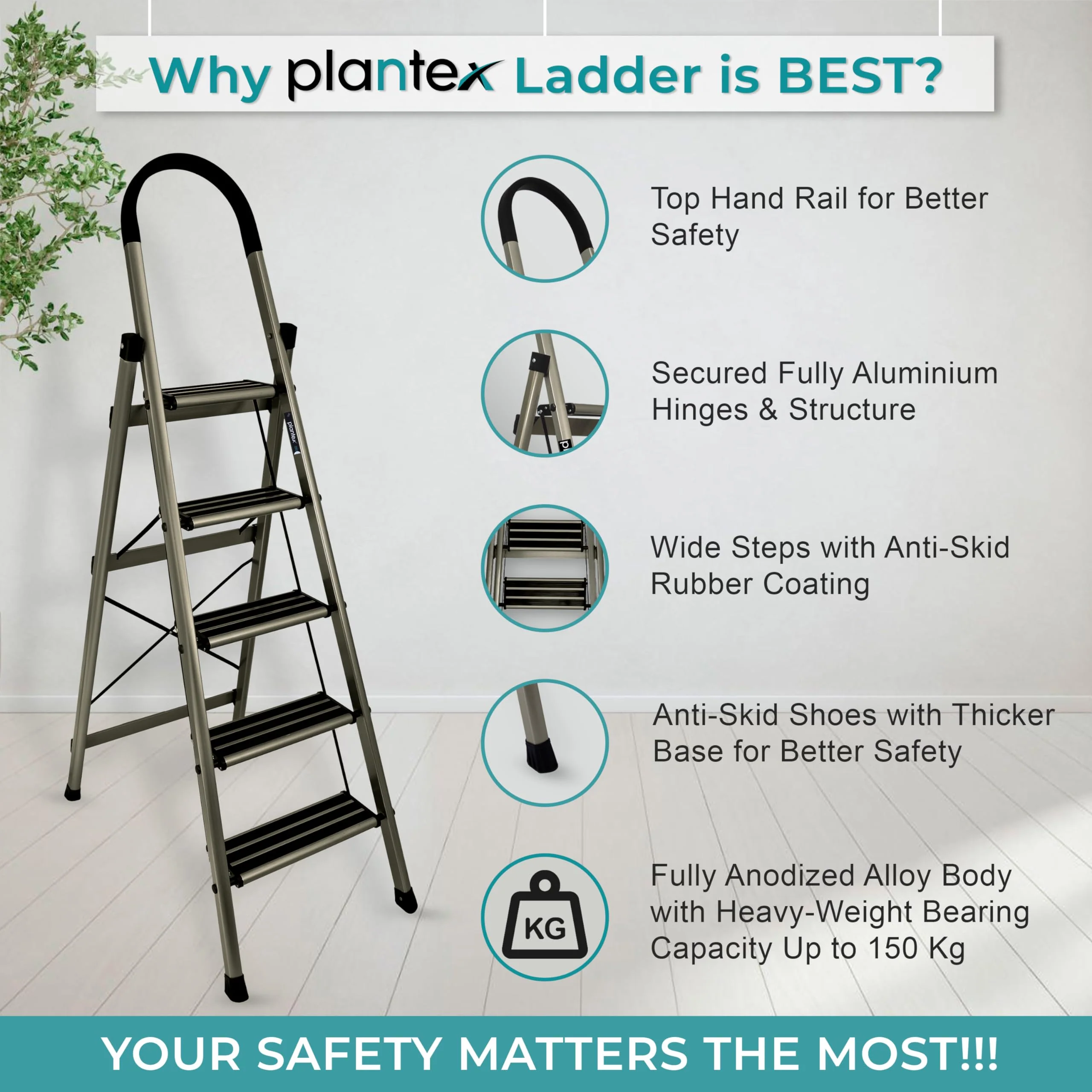 Plantex Guardex 5 Step Foldable Aluminum Ladder for Home/Ladder with Anti-Slip Shoes and Edge Guards/5 Year Manufacturer Warranty (Anodize Coated-Gold) - Image 2